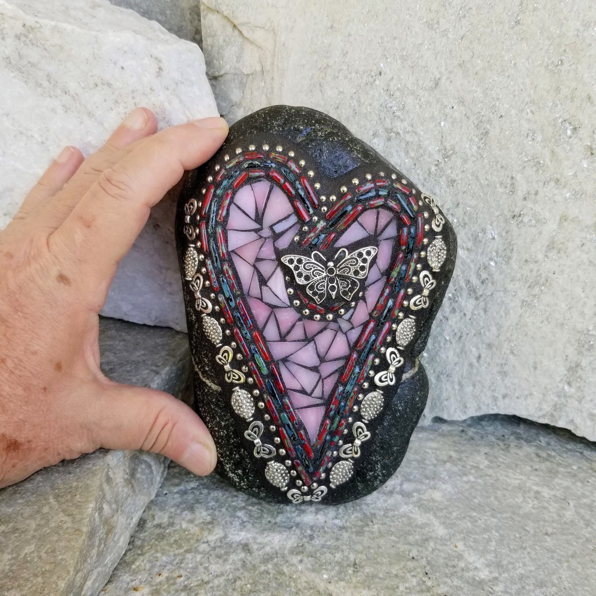 Pink Heart with Butterflies Mosaic Garden Stone