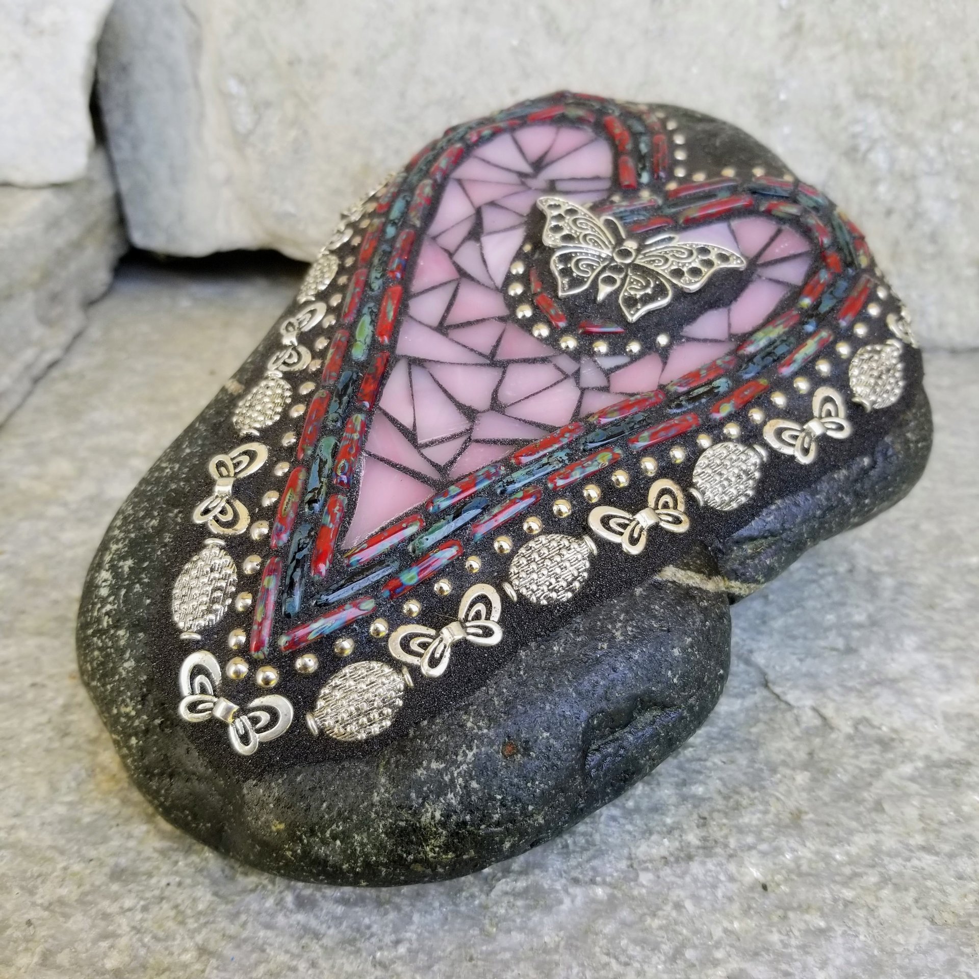 Pink Heart with Butterflies Mosaic Garden Stone