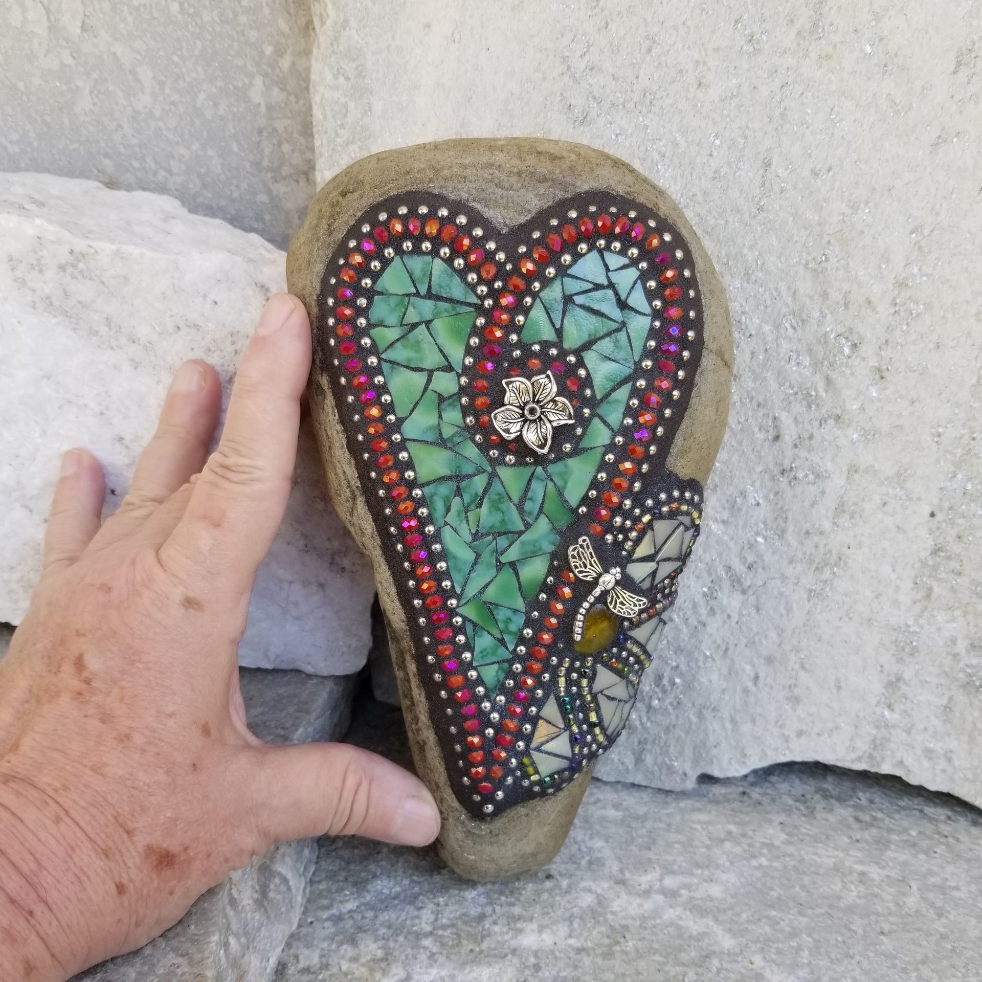 Green Mosaic Heart Garden Stone with Buttercream Flower