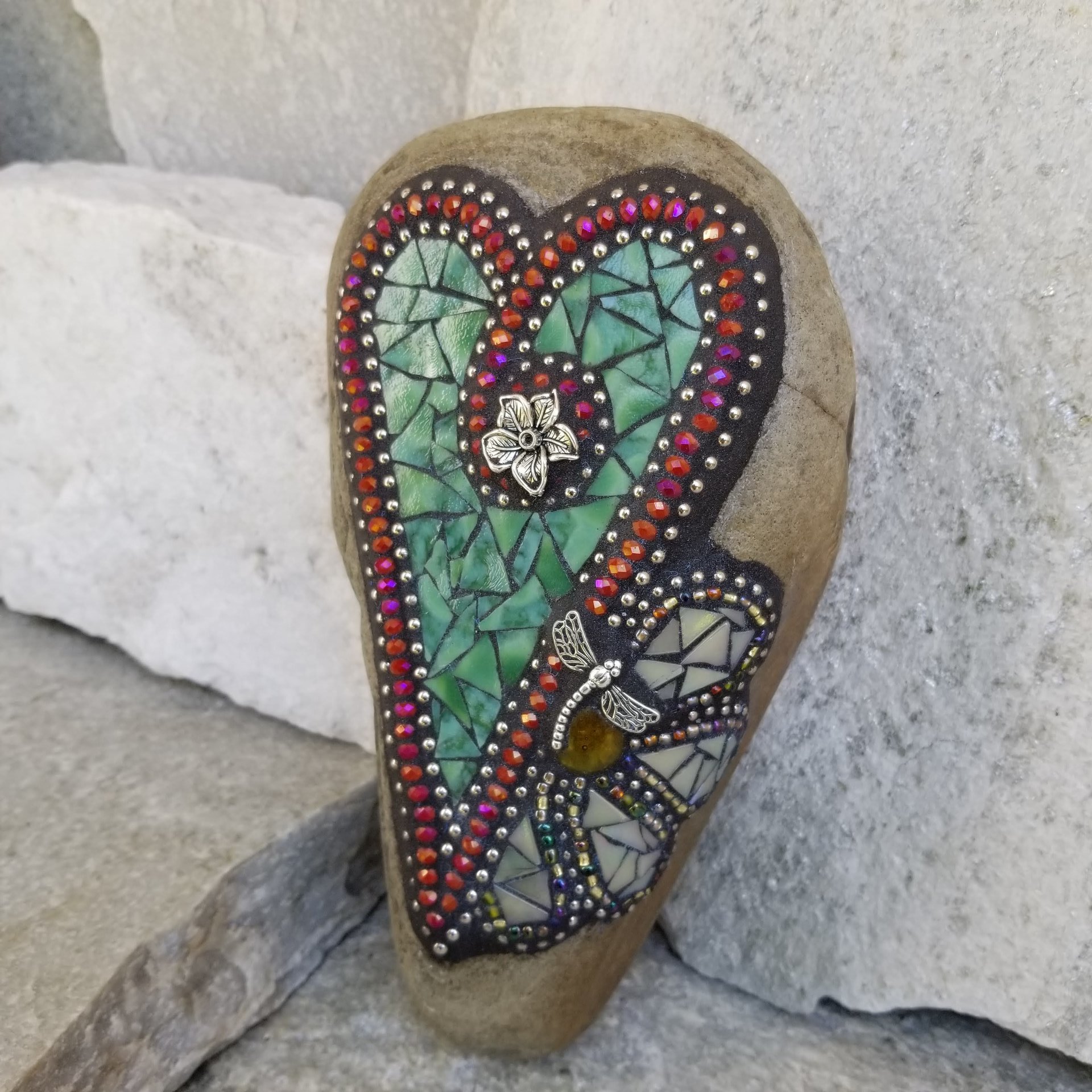 Green Mosaic Heart Garden Stone with Buttercream Flower