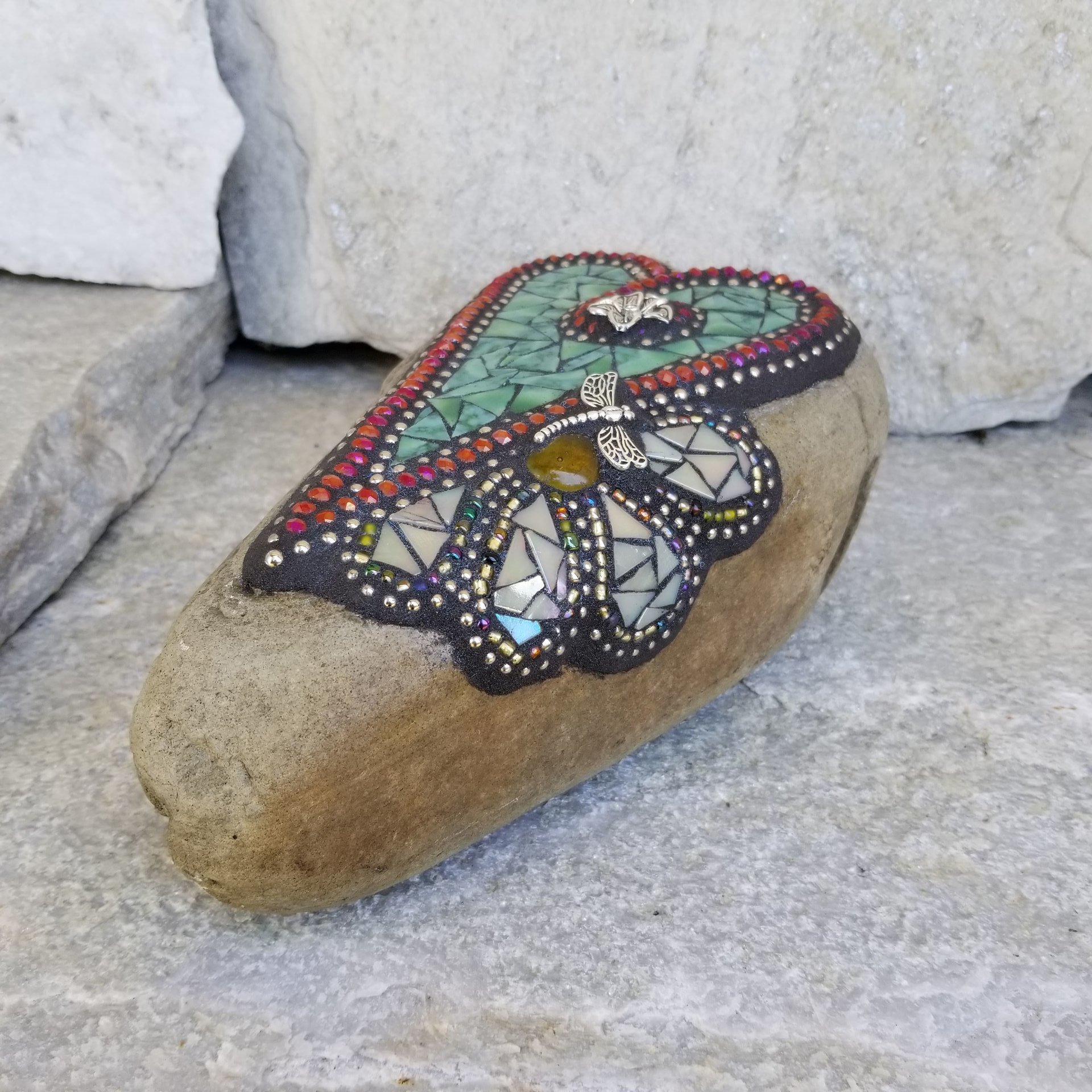 Green Mosaic Heart Garden Stone with Buttercream Flower