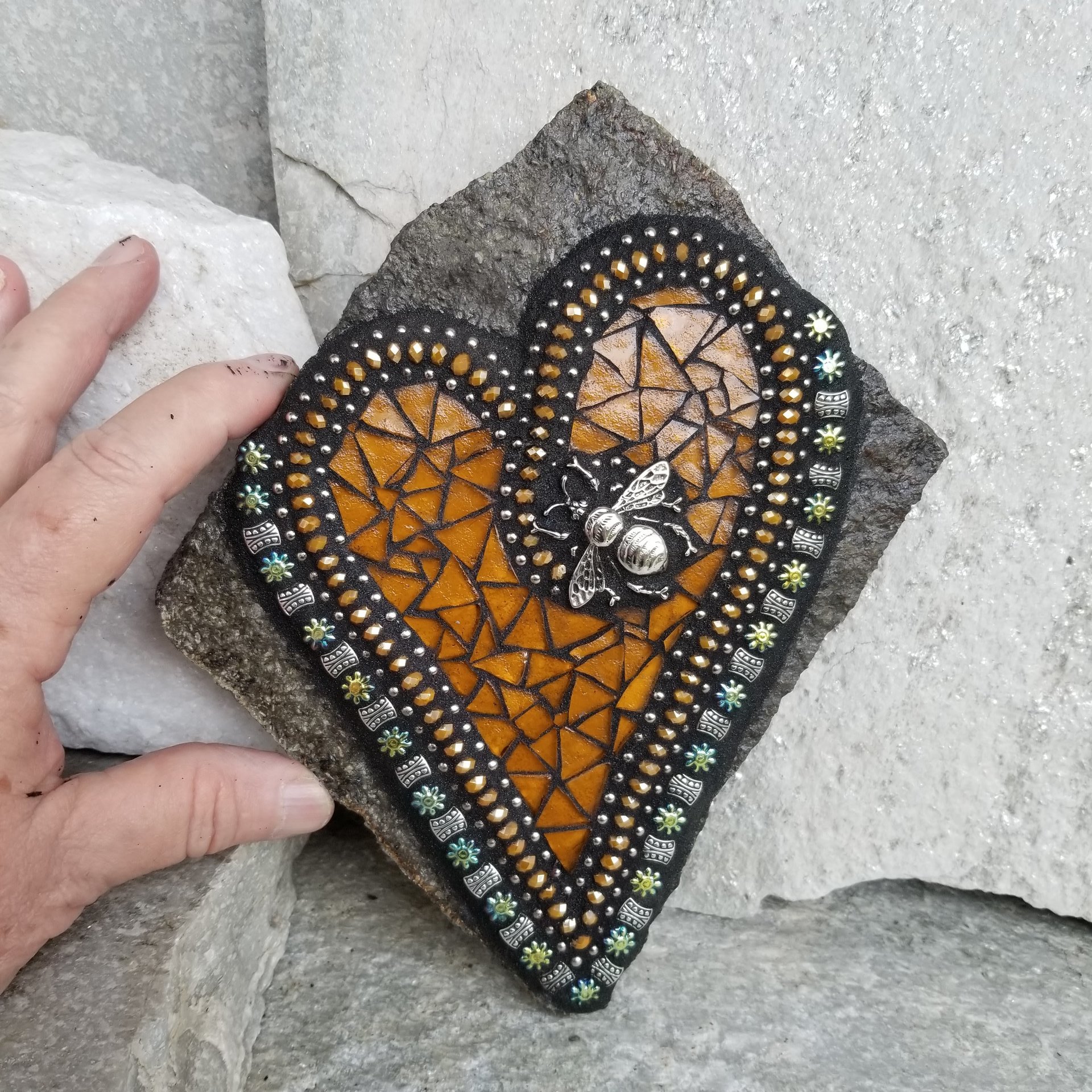 Amber Mosaic Heart Garden Stone with Bee