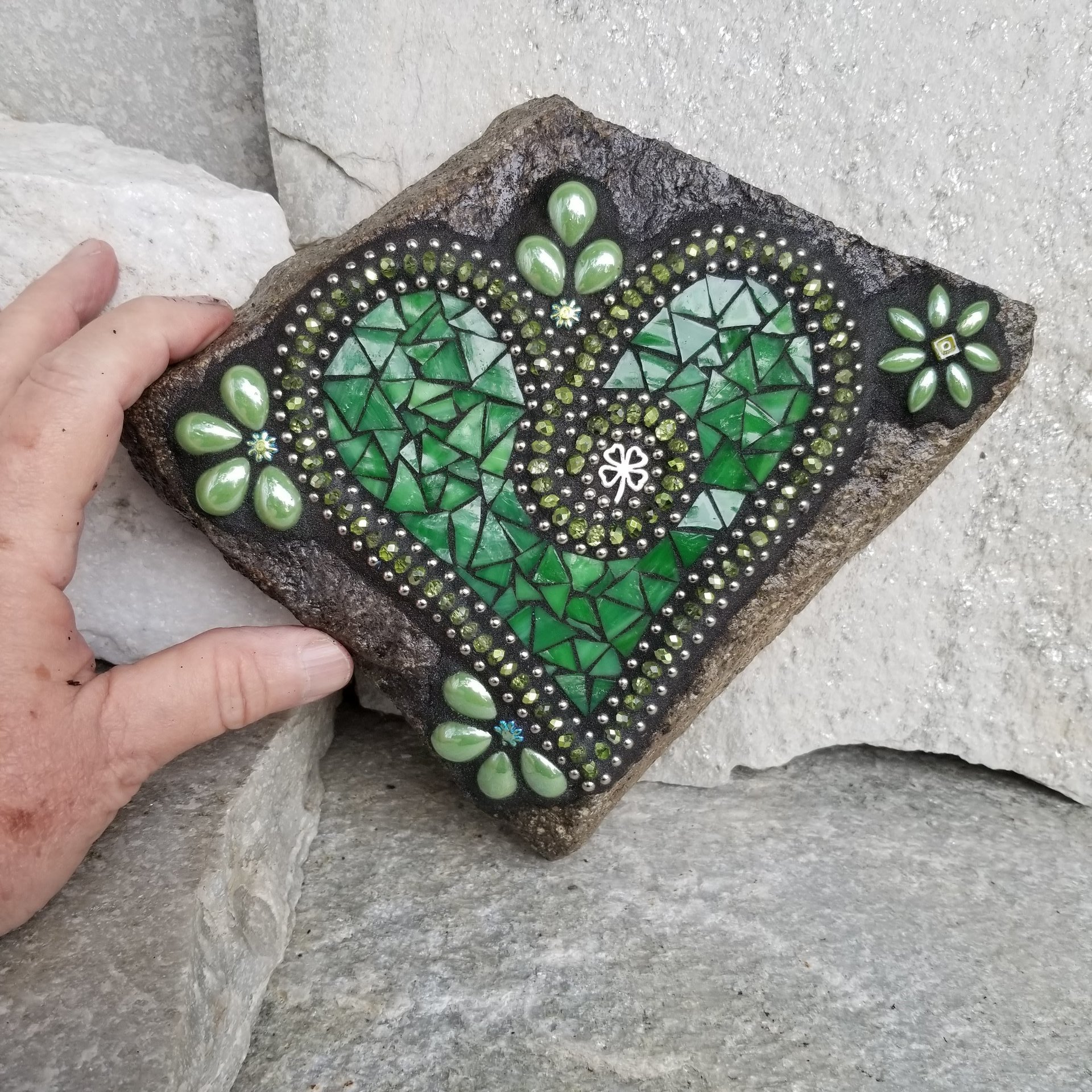 Shamrock Green Mosaic Heart Garden Stone  