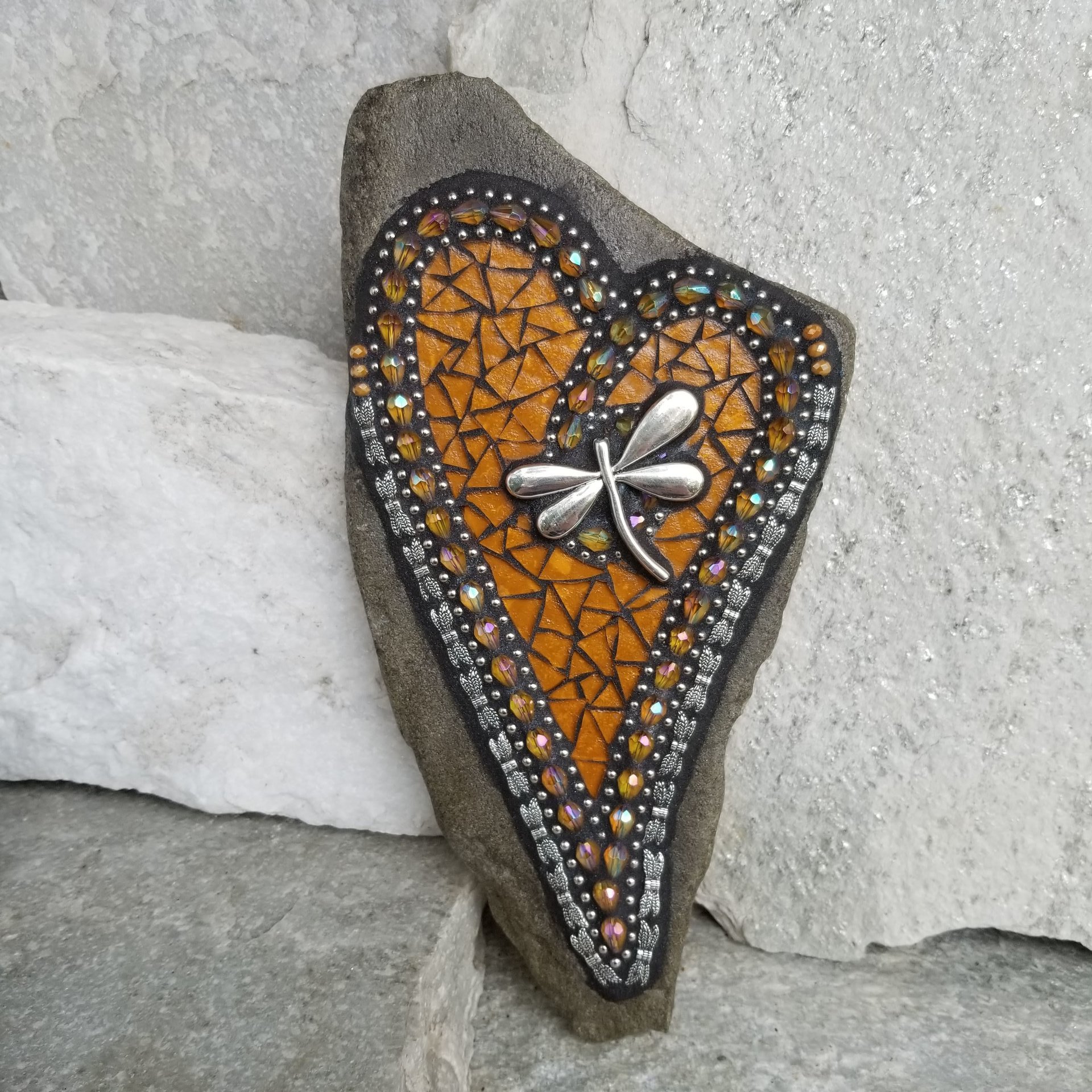 Amber Mosaic Heart Garden Stone with Dragonfly