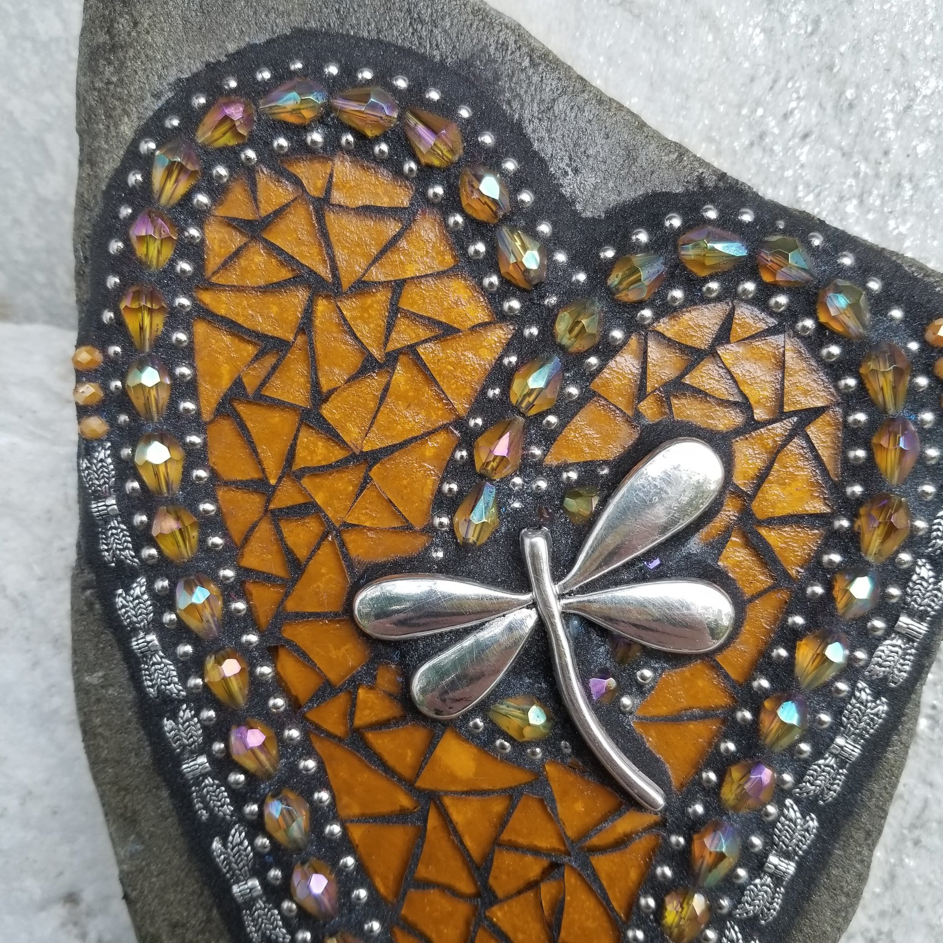 Amber Mosaic Heart Garden Stone with Dragonfly