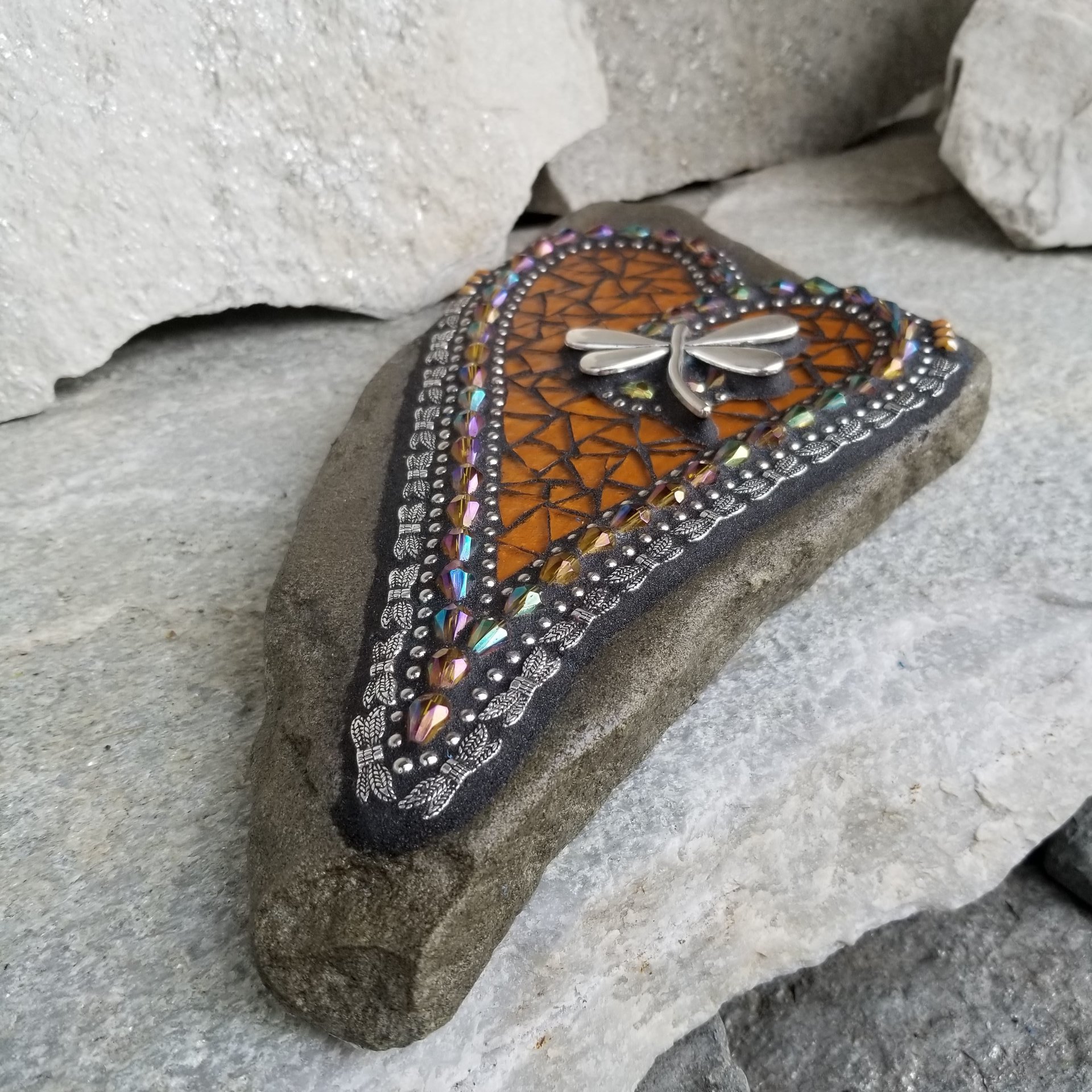 Amber Mosaic Heart Garden Stone with Dragonfly