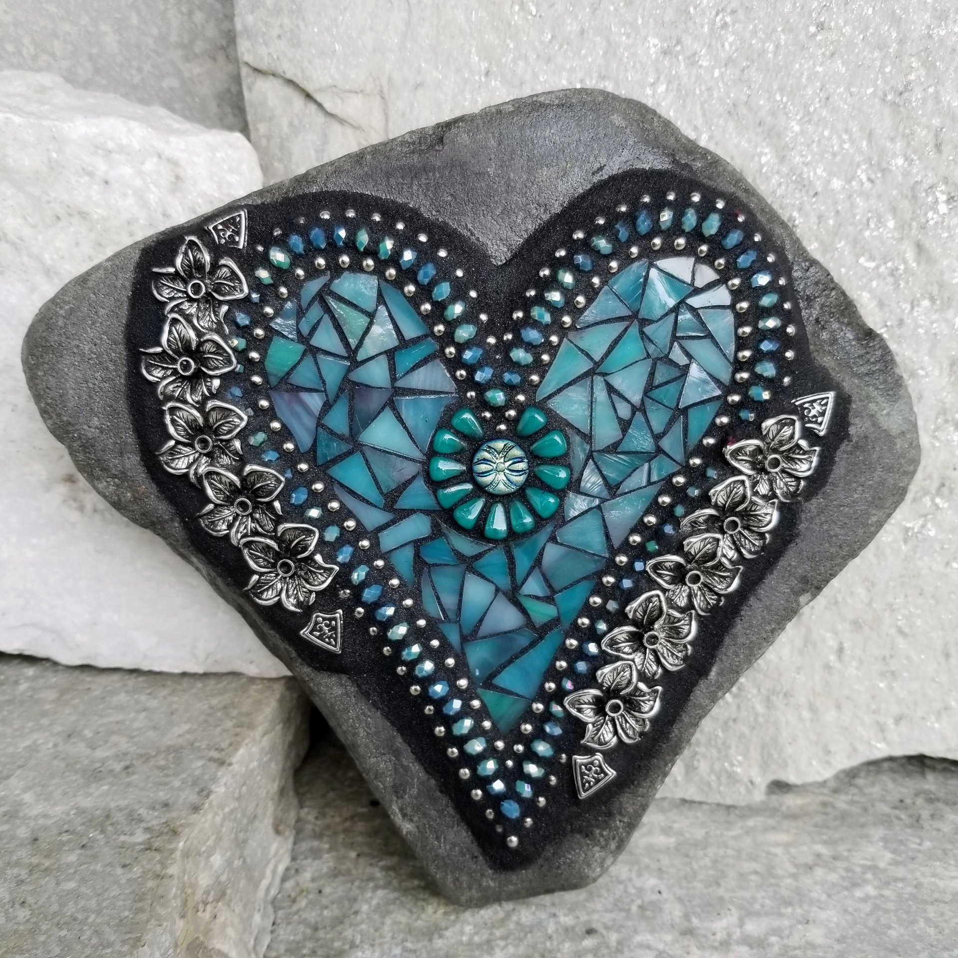 Teal Mosaic Heart Garden Stone