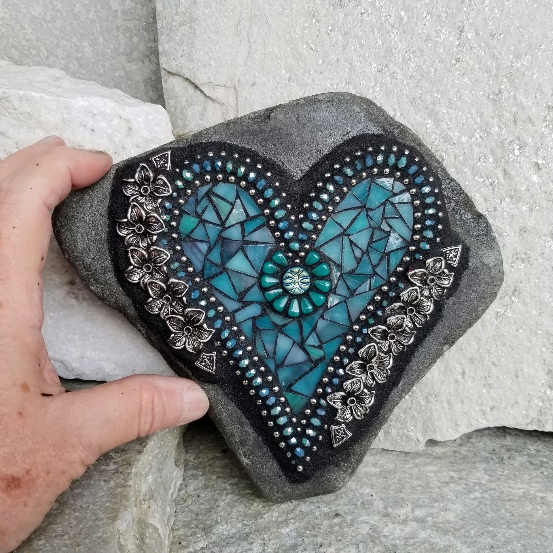 Teal Mosaic Heart Garden Stone