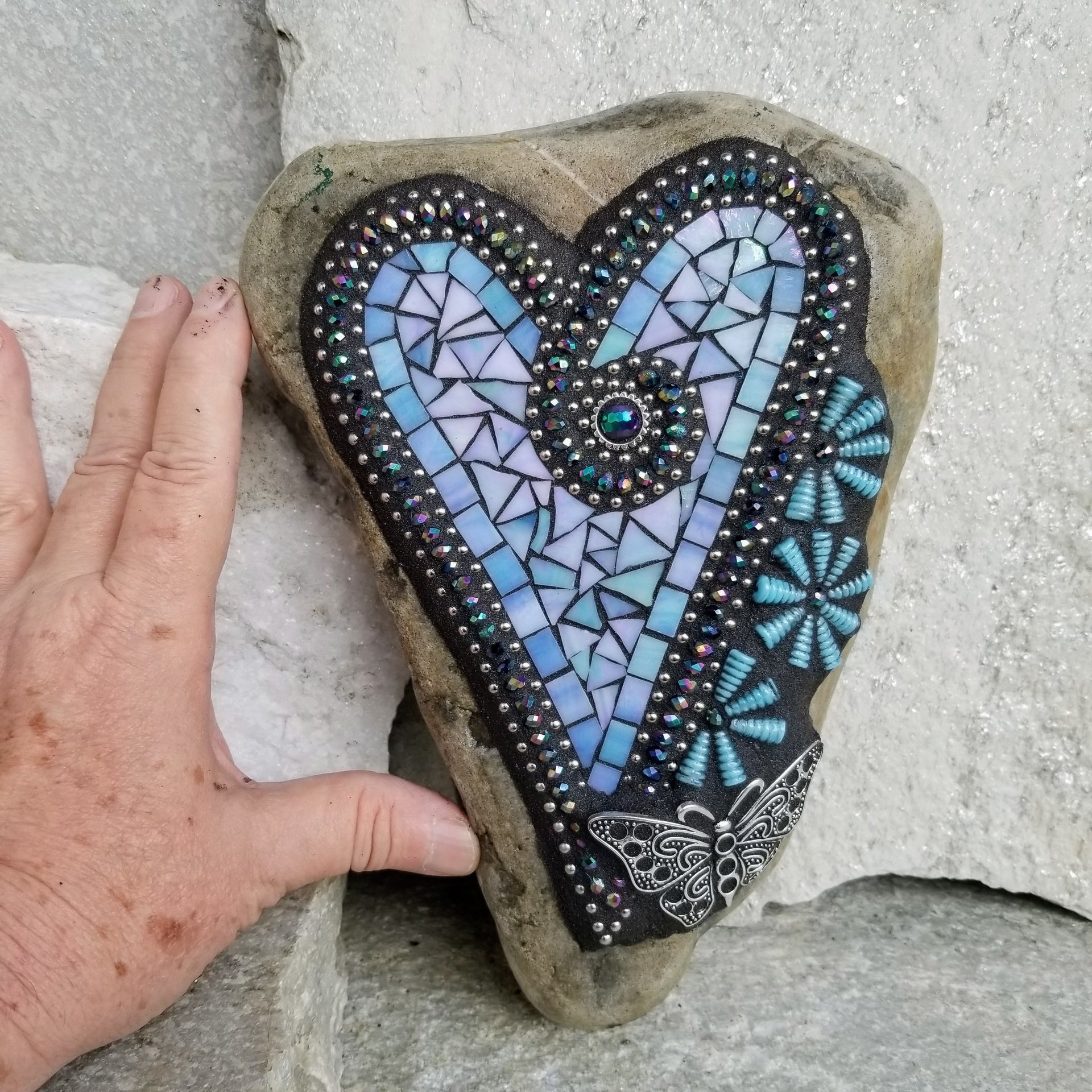 Iridescent Blue Mosaic Heart, Blue Flowers, Garden Stone