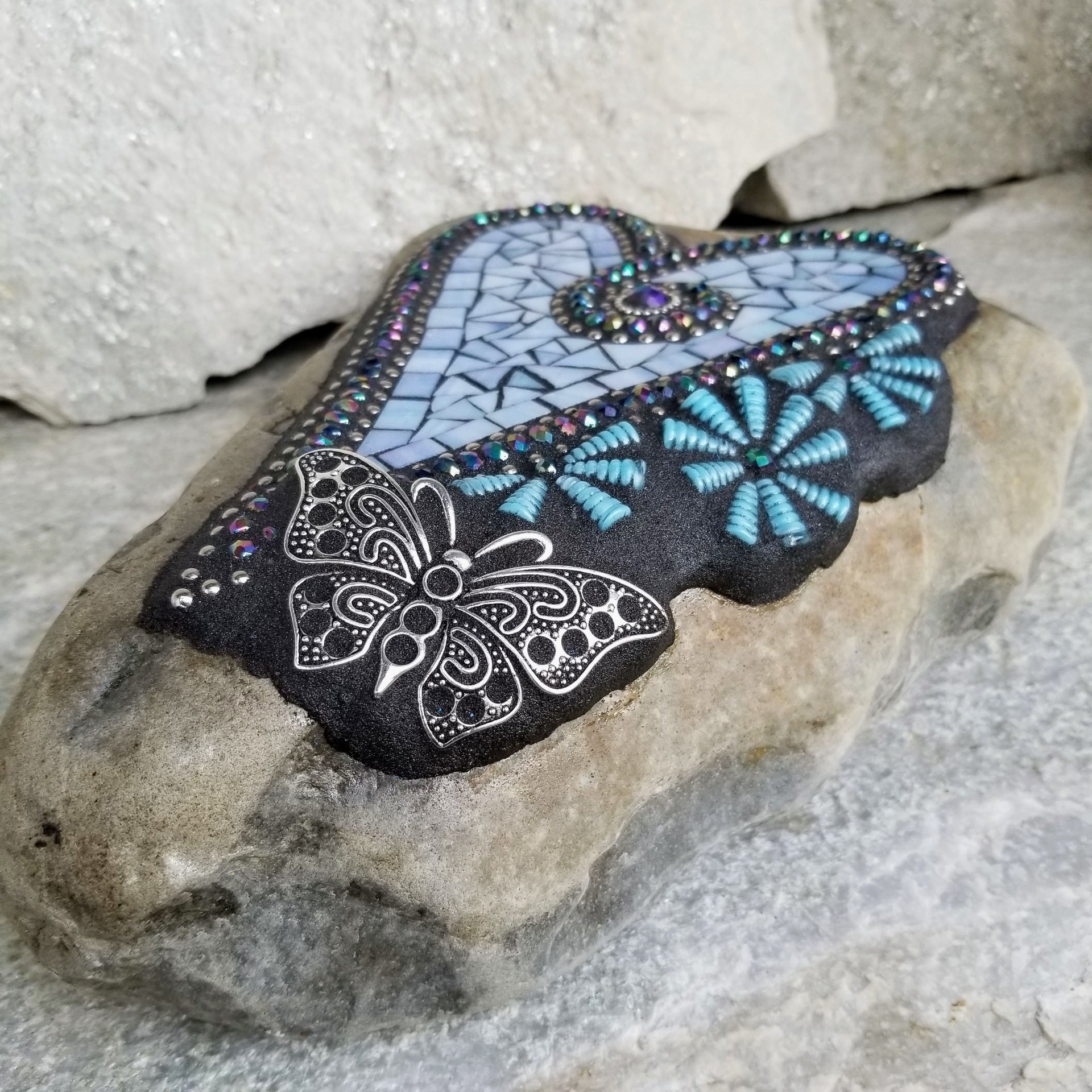 Iridescent Blue Mosaic Heart, Blue Flowers, Garden Stone