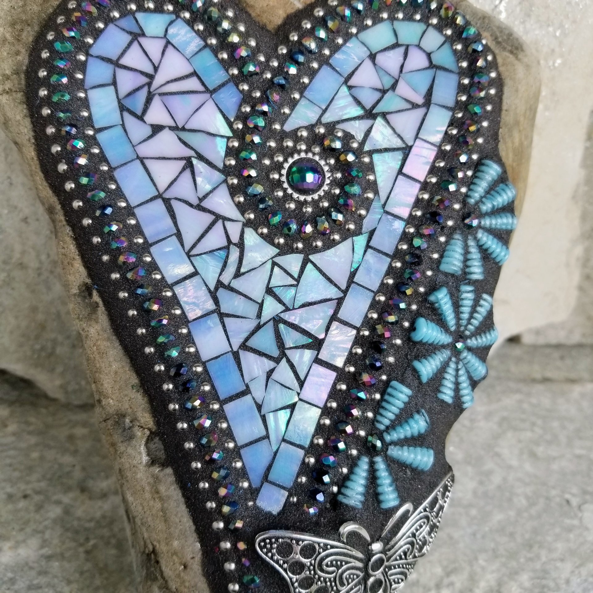 Iridescent Blue Mosaic Heart, Blue Flowers, Garden Stone