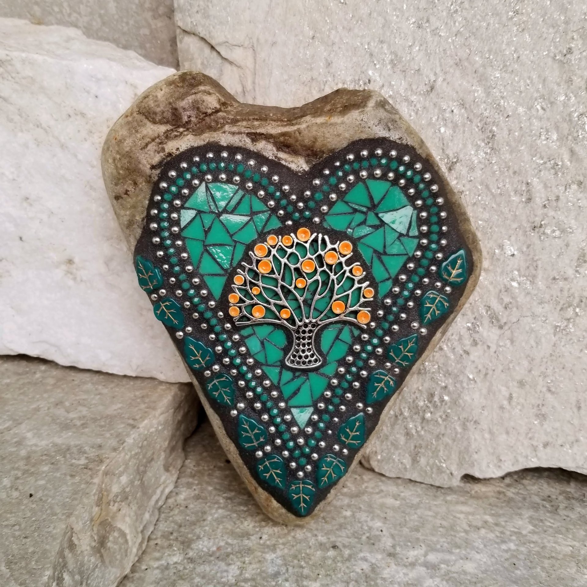 Jade Green Mosaic Heart Garden Stone with Orange Tree