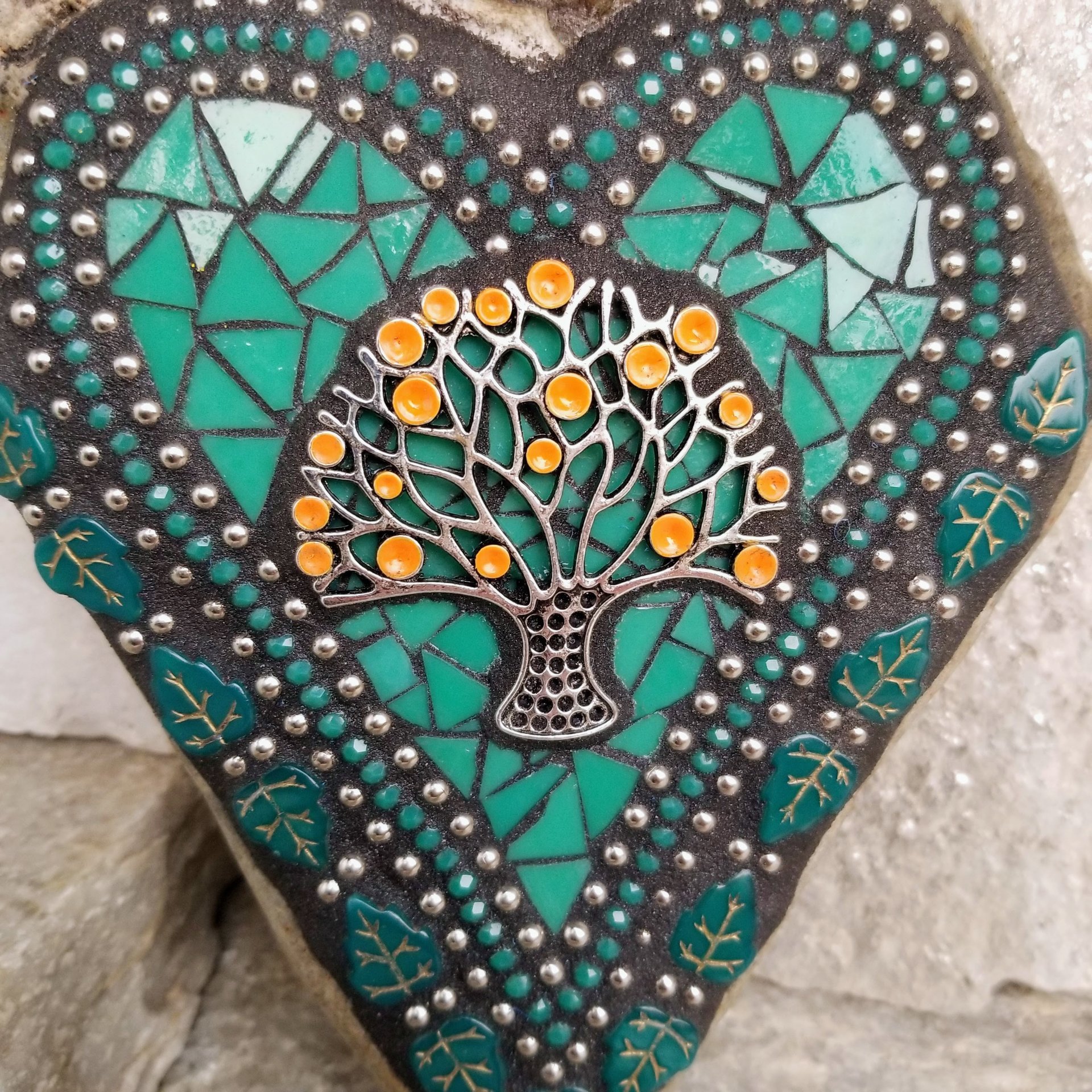 Jade Green Mosaic Heart Garden Stone with Orange Tree