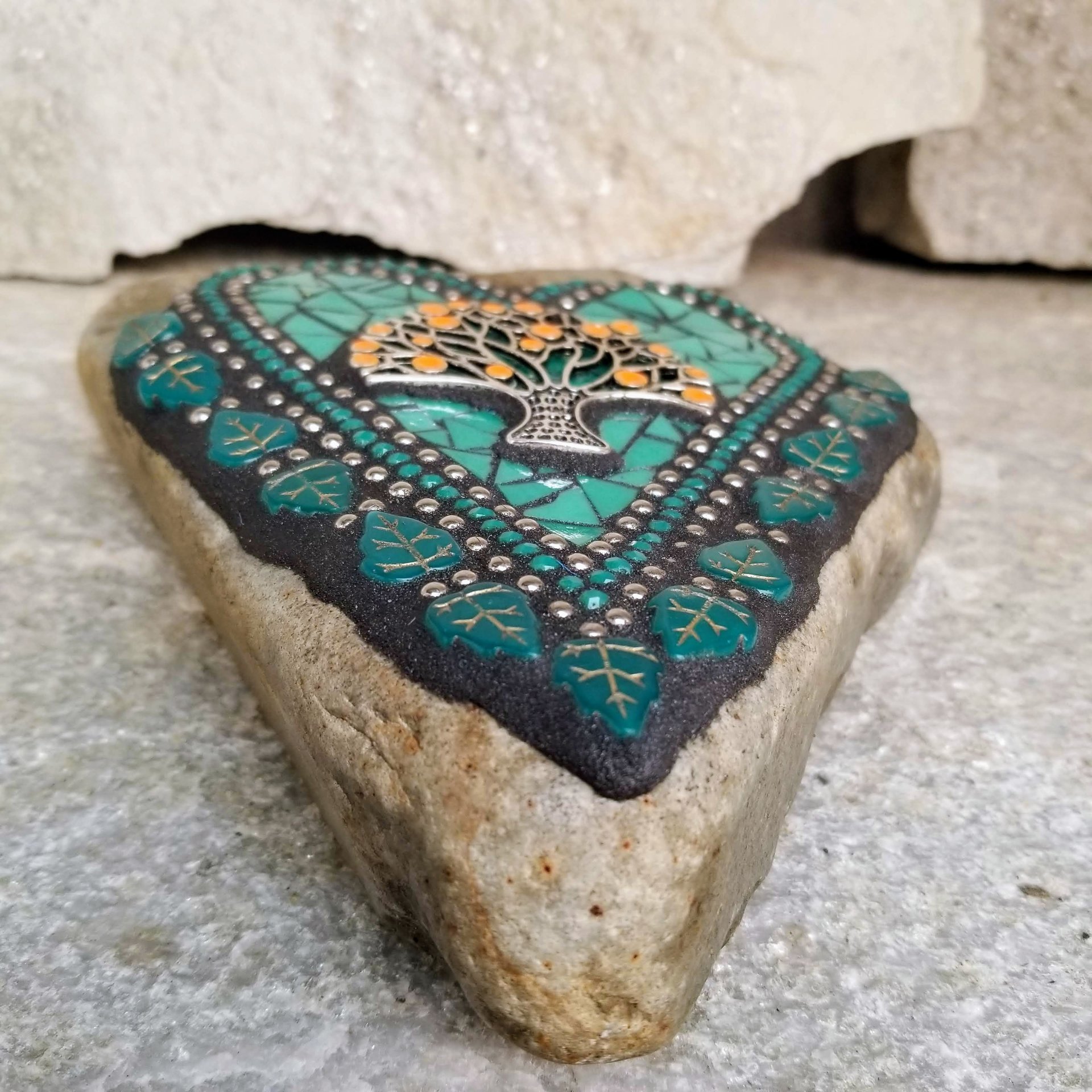 Jade Green Mosaic Heart Garden Stone with Orange Tree