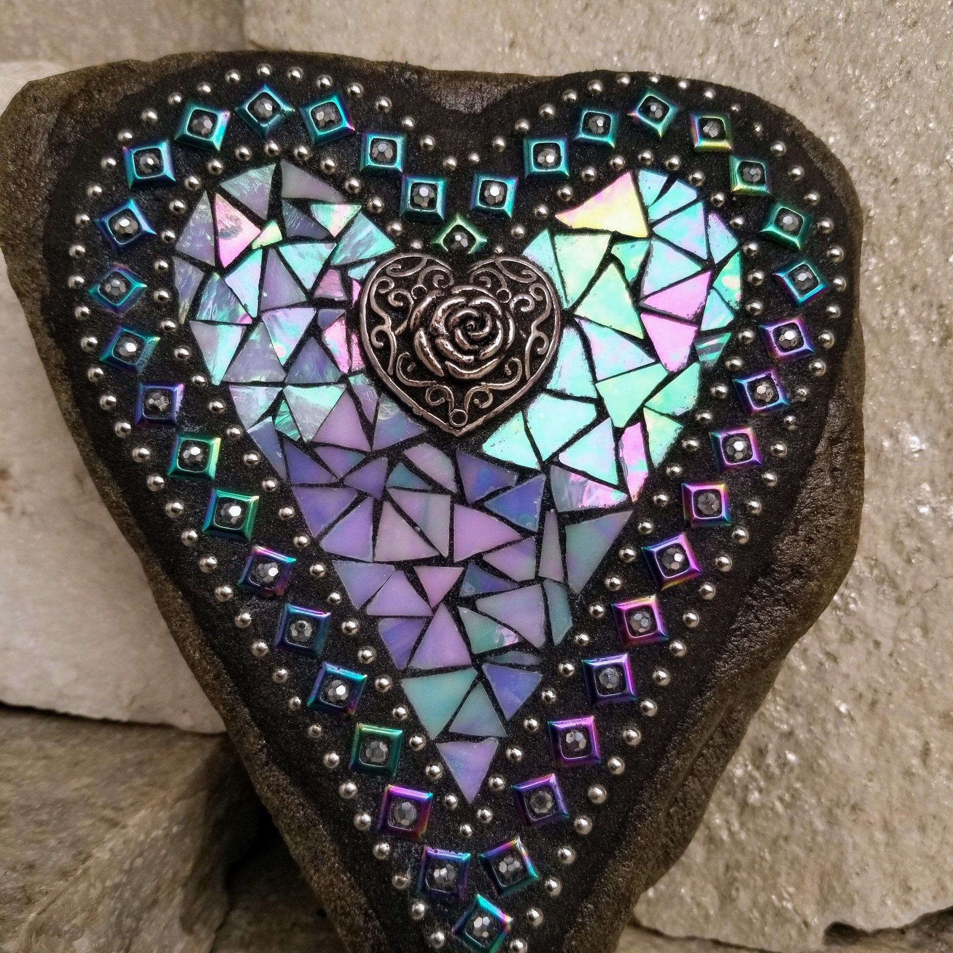 Iridescent Blues Mosaic Heart Garden Stone 