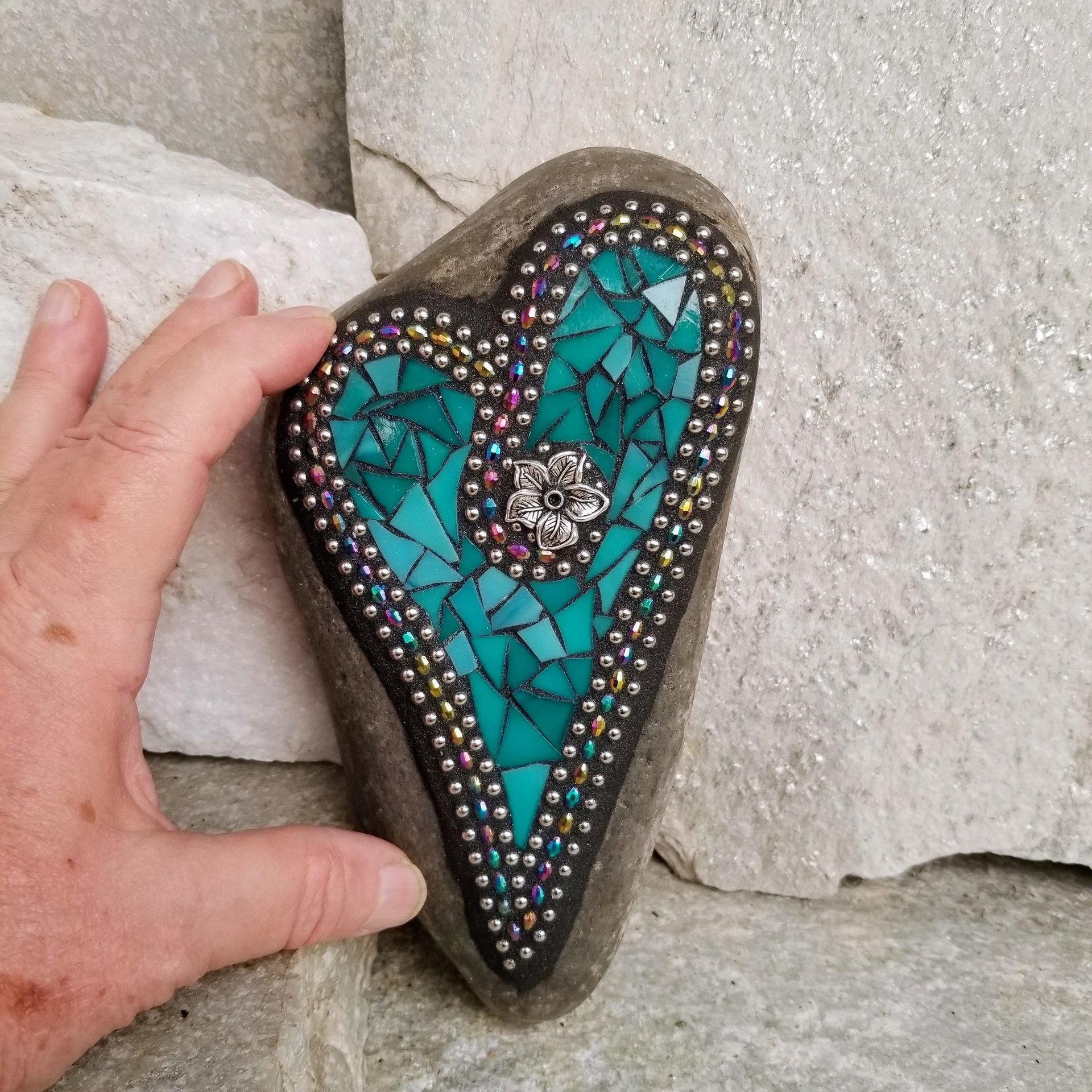  Turquoise Blue Mosaic Heart Garden Stone 