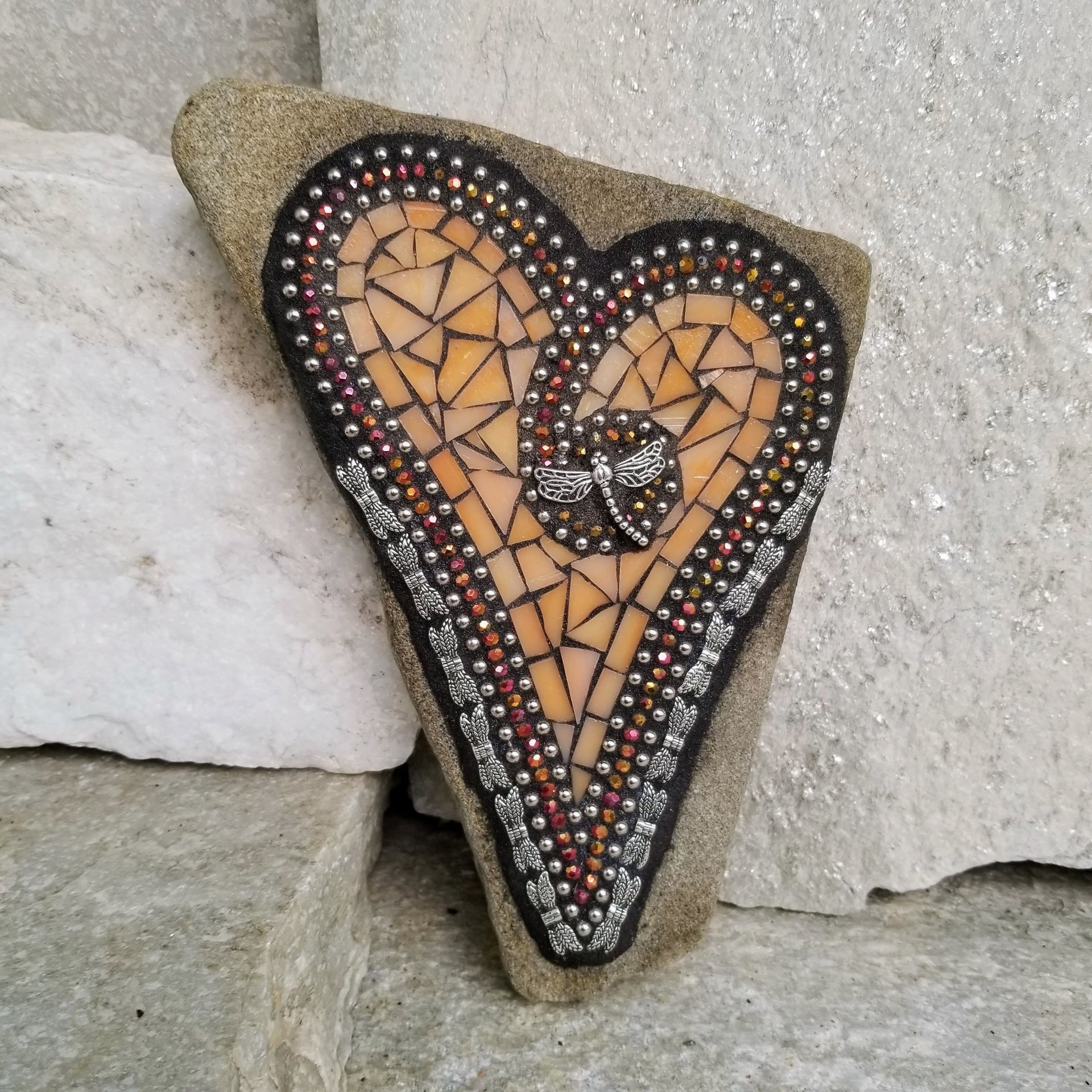 Orange Mosaic Heart Garden Stone with Dragonfly