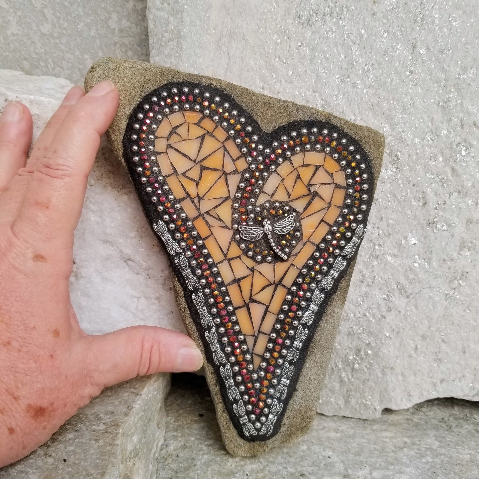 Orange Mosaic Heart Garden Stone with Dragonfly