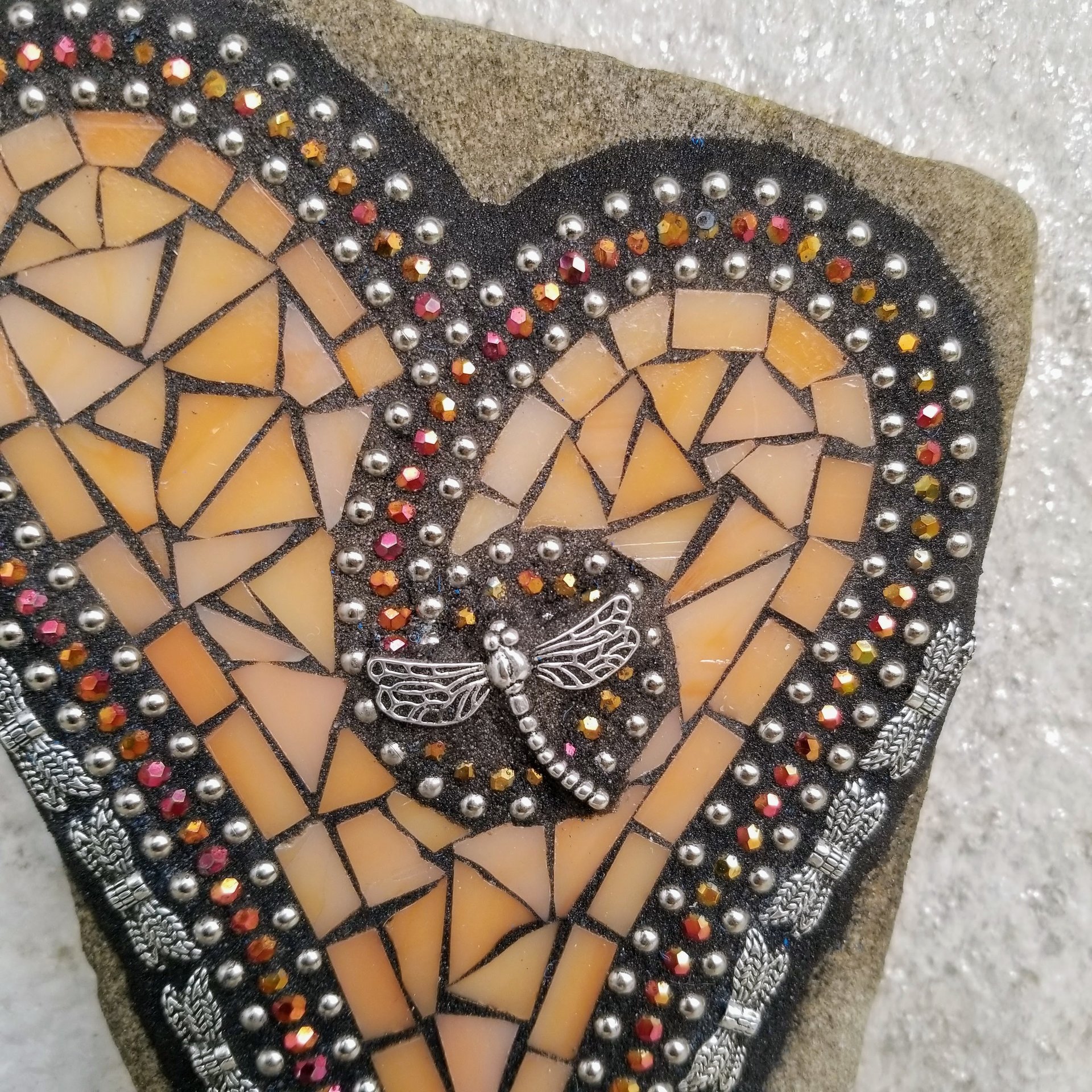 Orange Mosaic Heart Garden Stone with Dragonfly