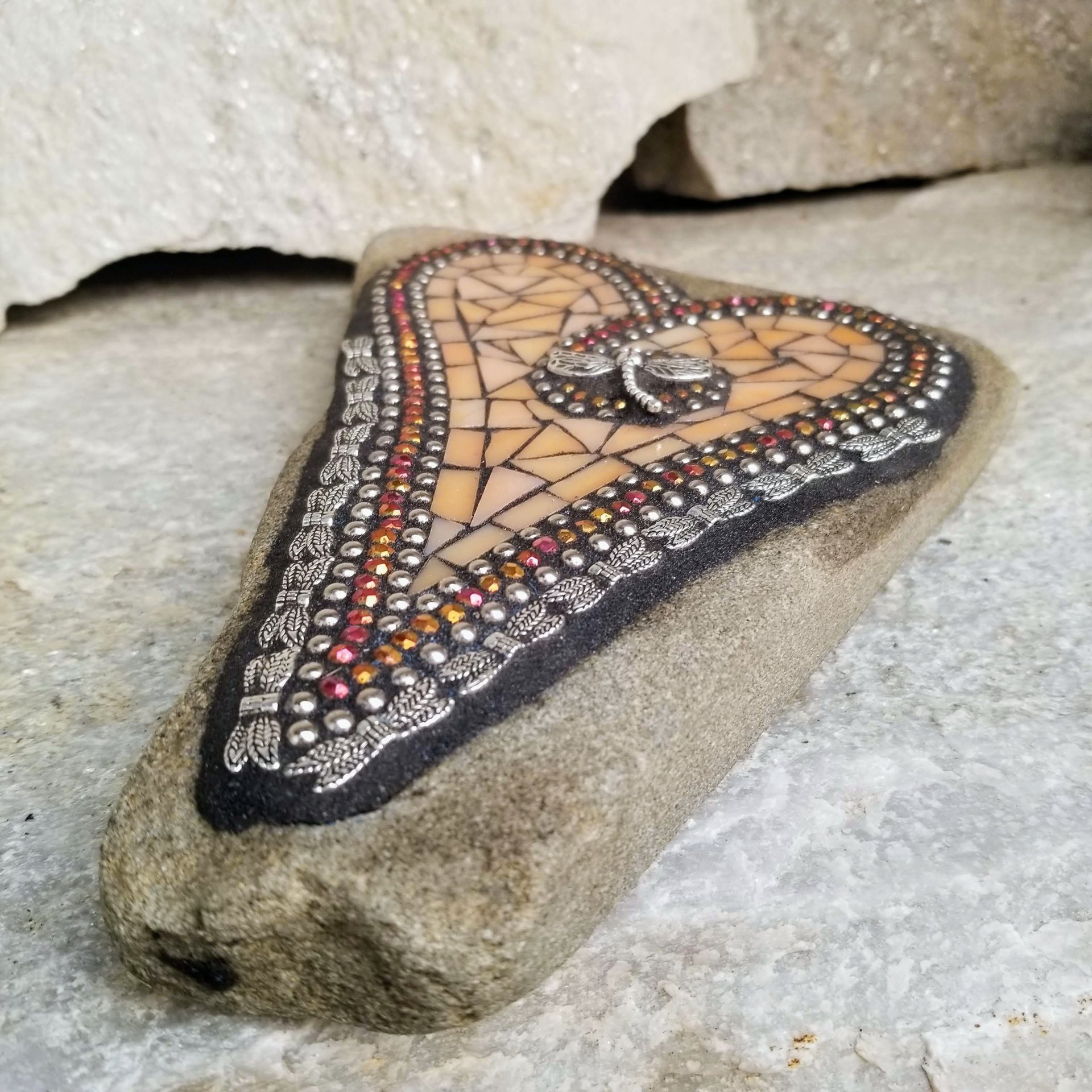 Orange Mosaic Heart Garden Stone with Dragonfly