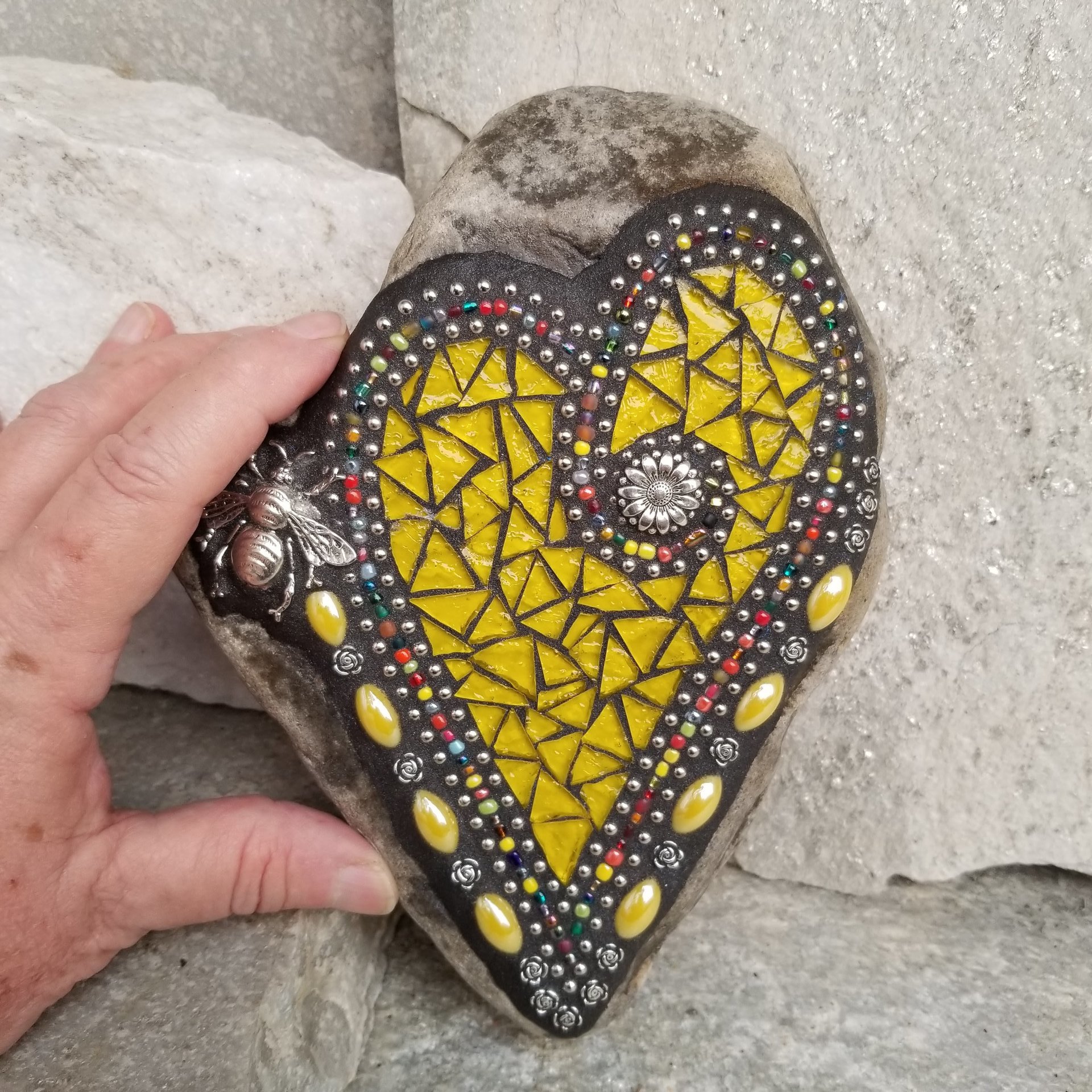 Bright Yellow Mosaic Heart Garden Stone with Bee