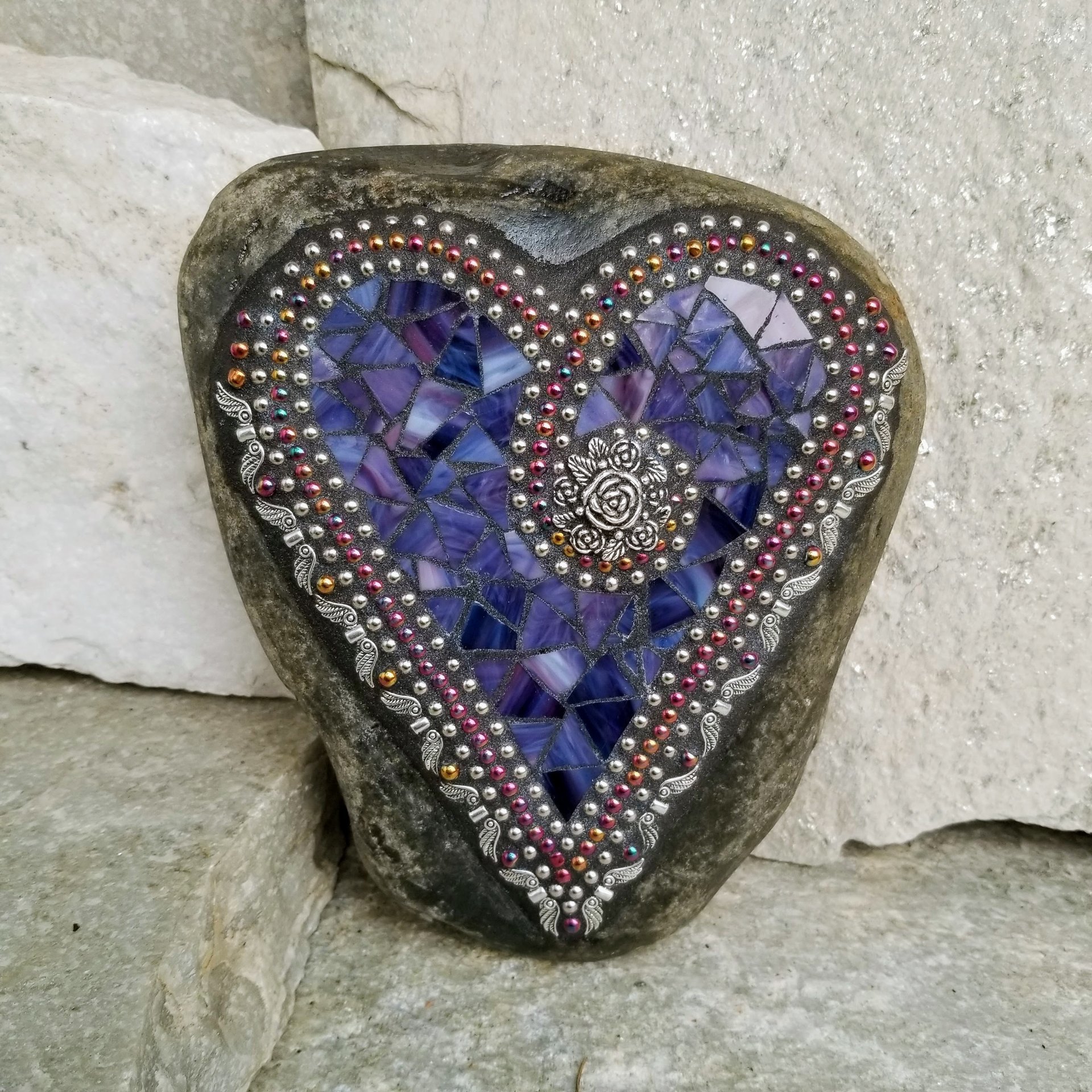 Purple Mosaic Heart Garden Stone with Angel Wings