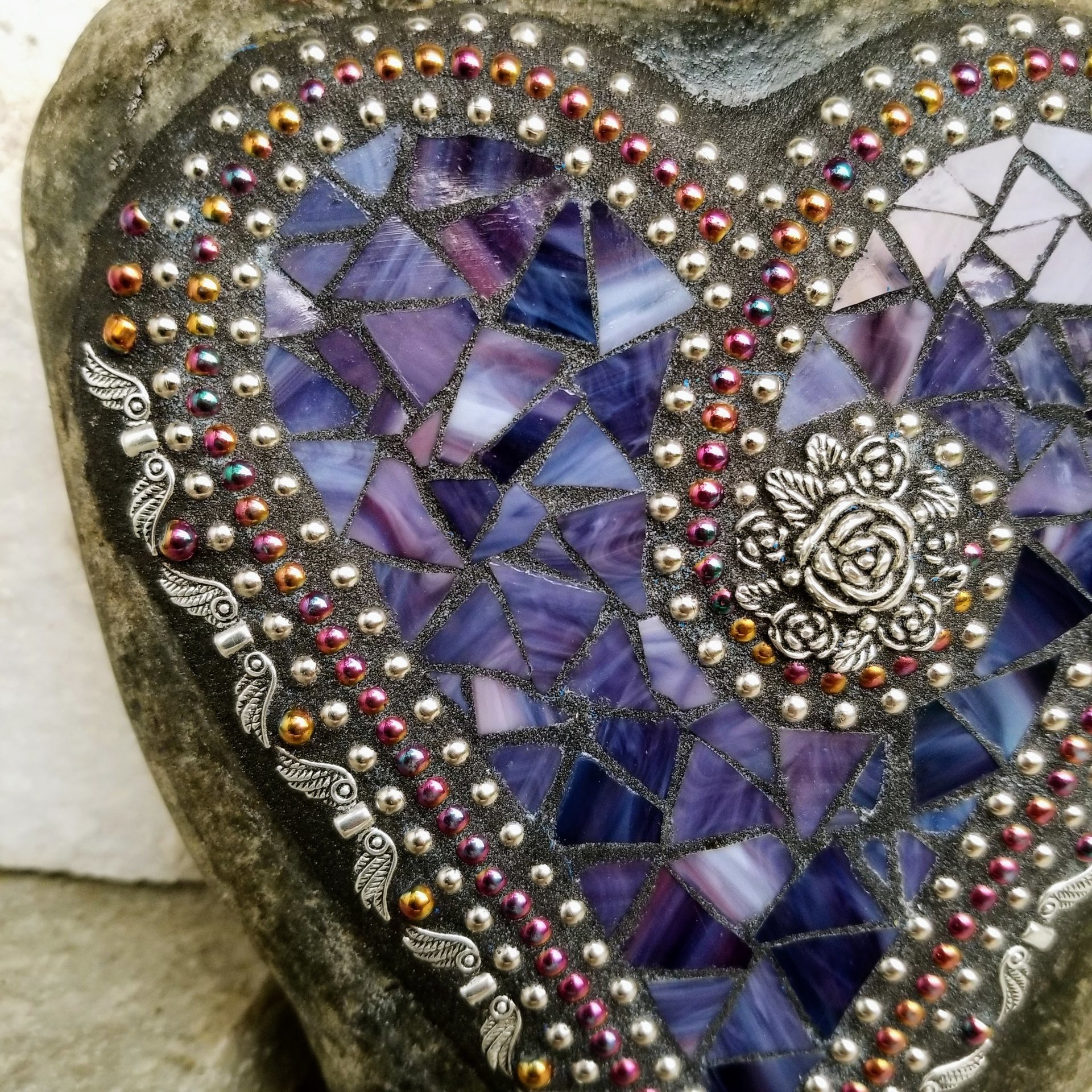 Purple Mosaic Heart Garden Stone with Angel Wings