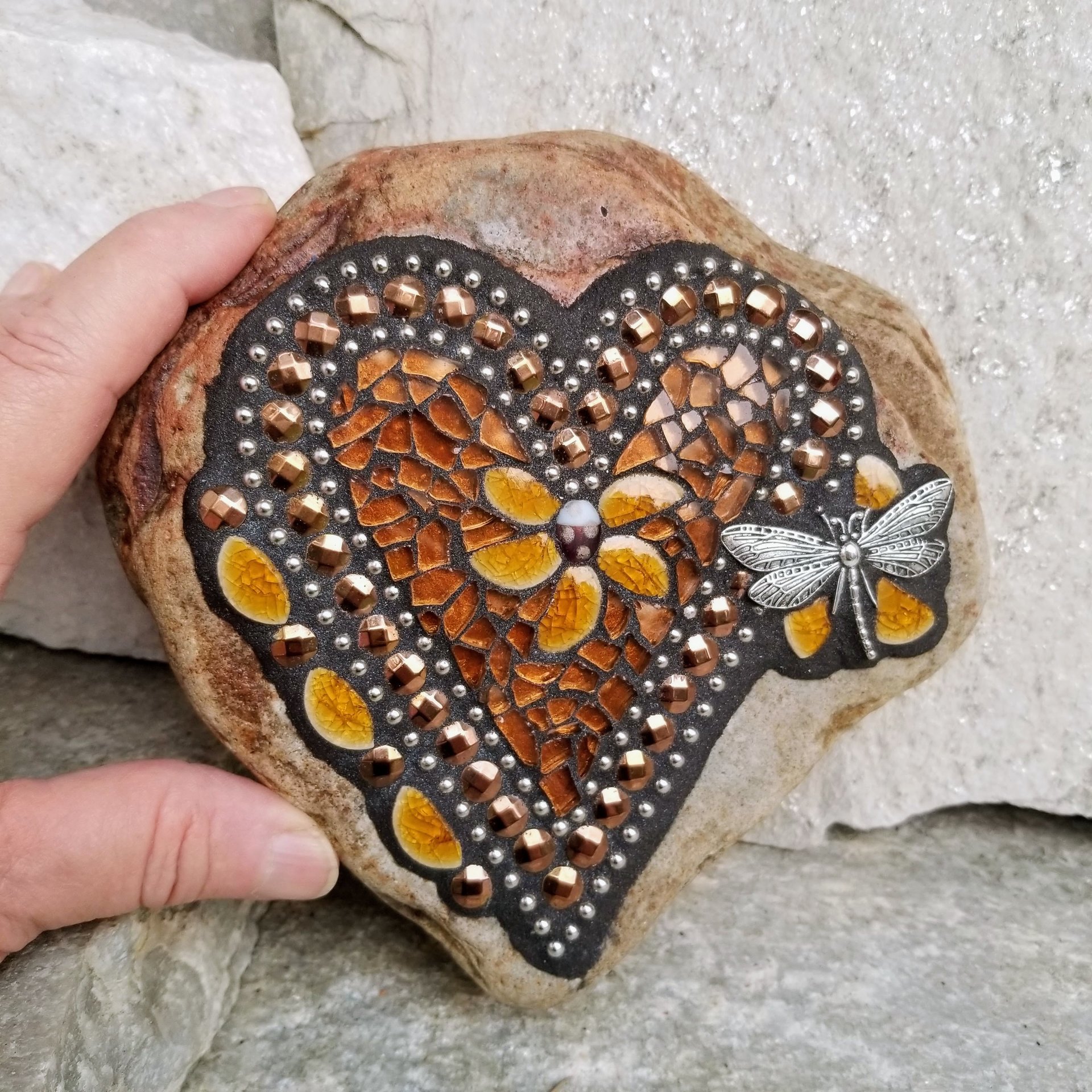 Copper Mosaic Heart Garden Stone with Brown Flowers