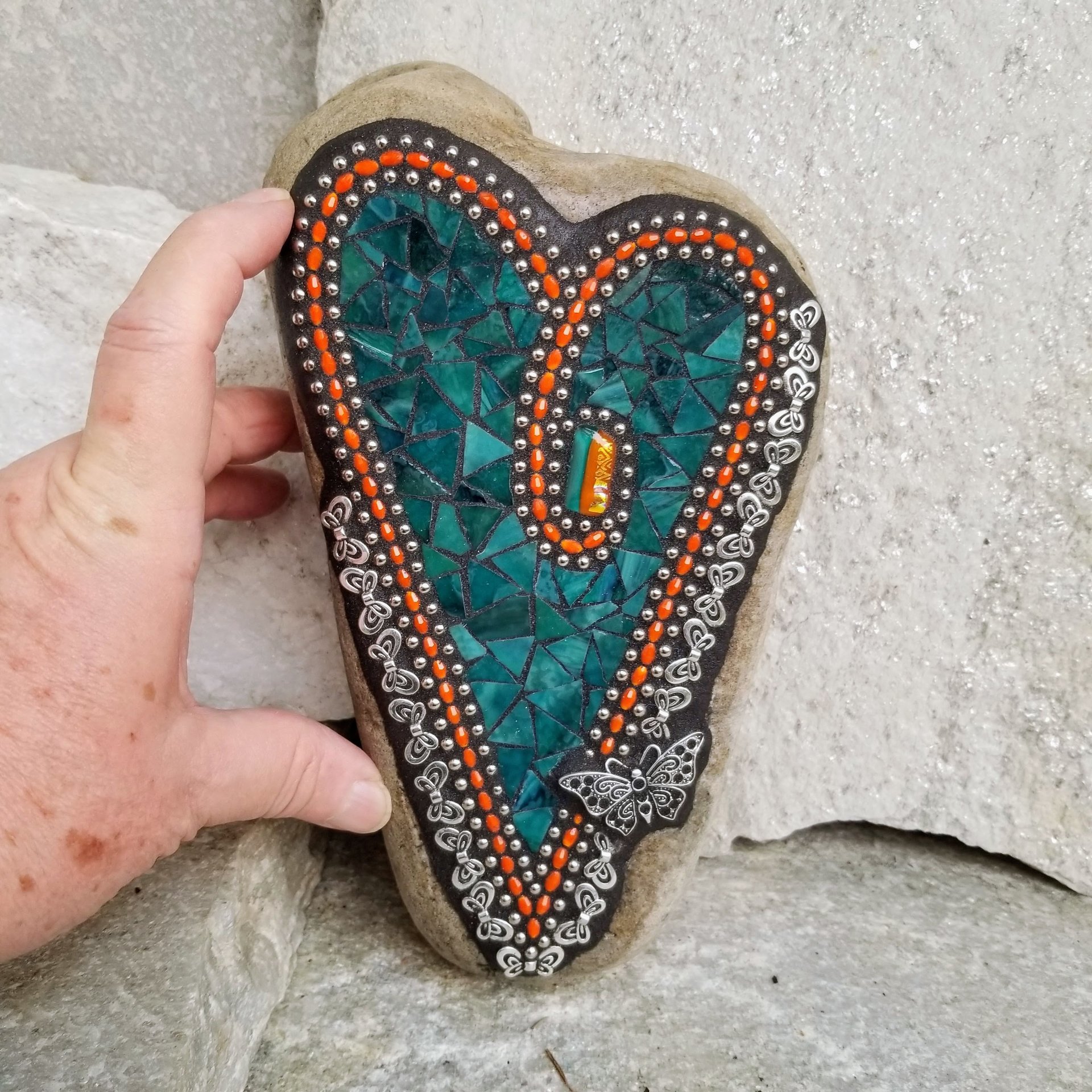 Dark Teal Mosaic Heart Garden Stone with Butterflies  