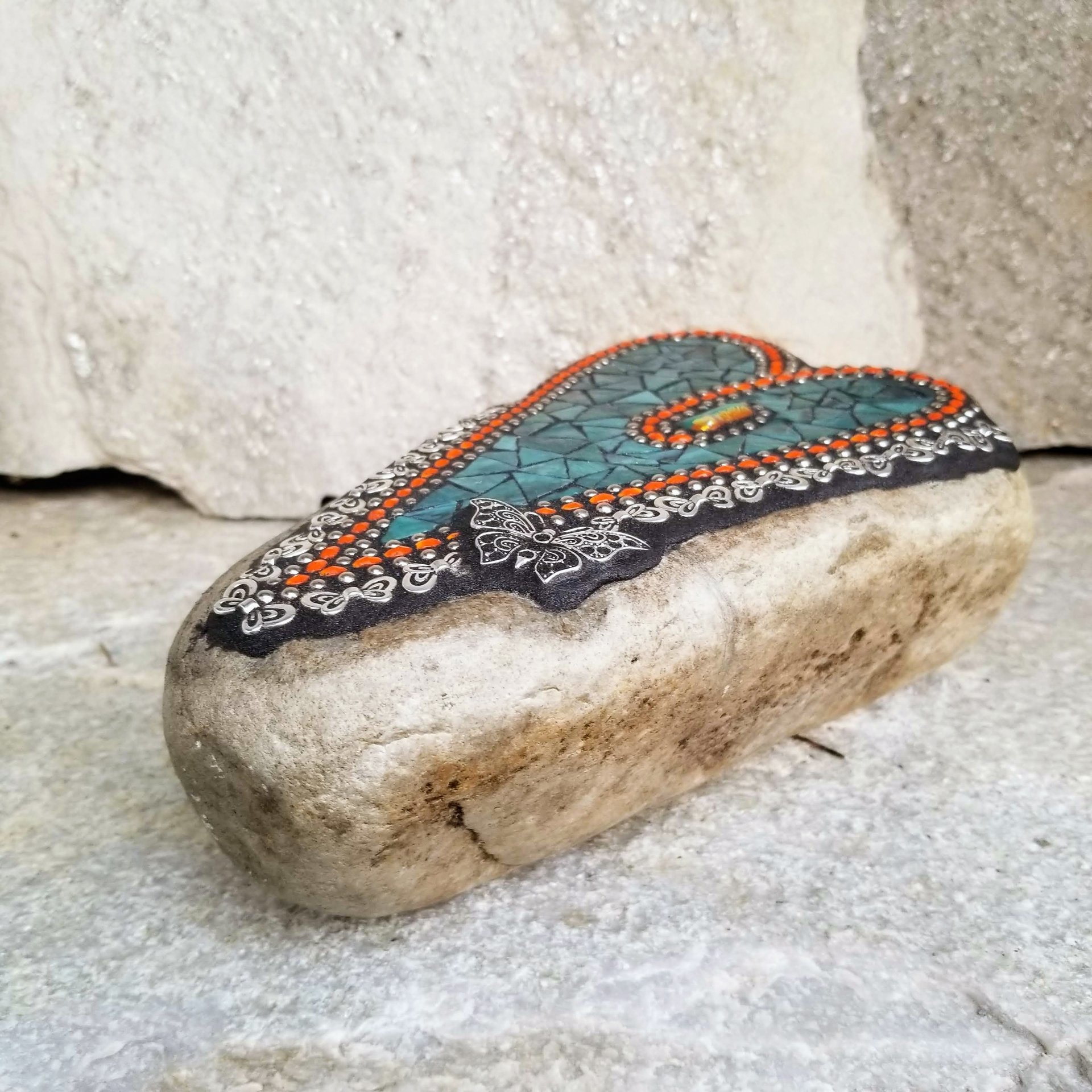 Dark Teal Mosaic Heart Garden Stone with Butterflies  