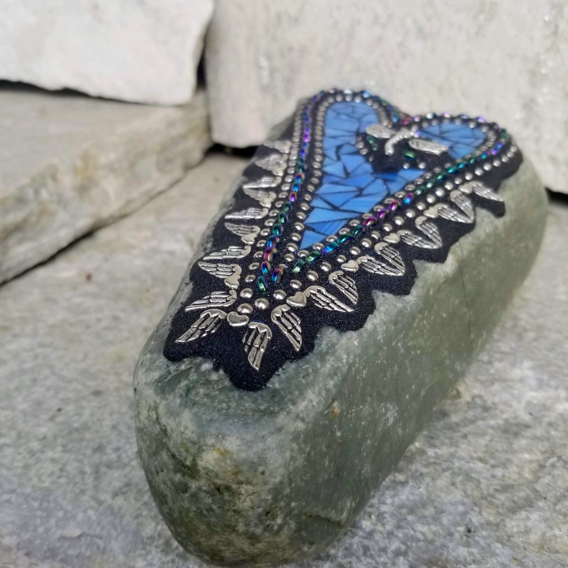 Blue Mosaic Heart Garden Stone with Angel Wings and Dragonfly
