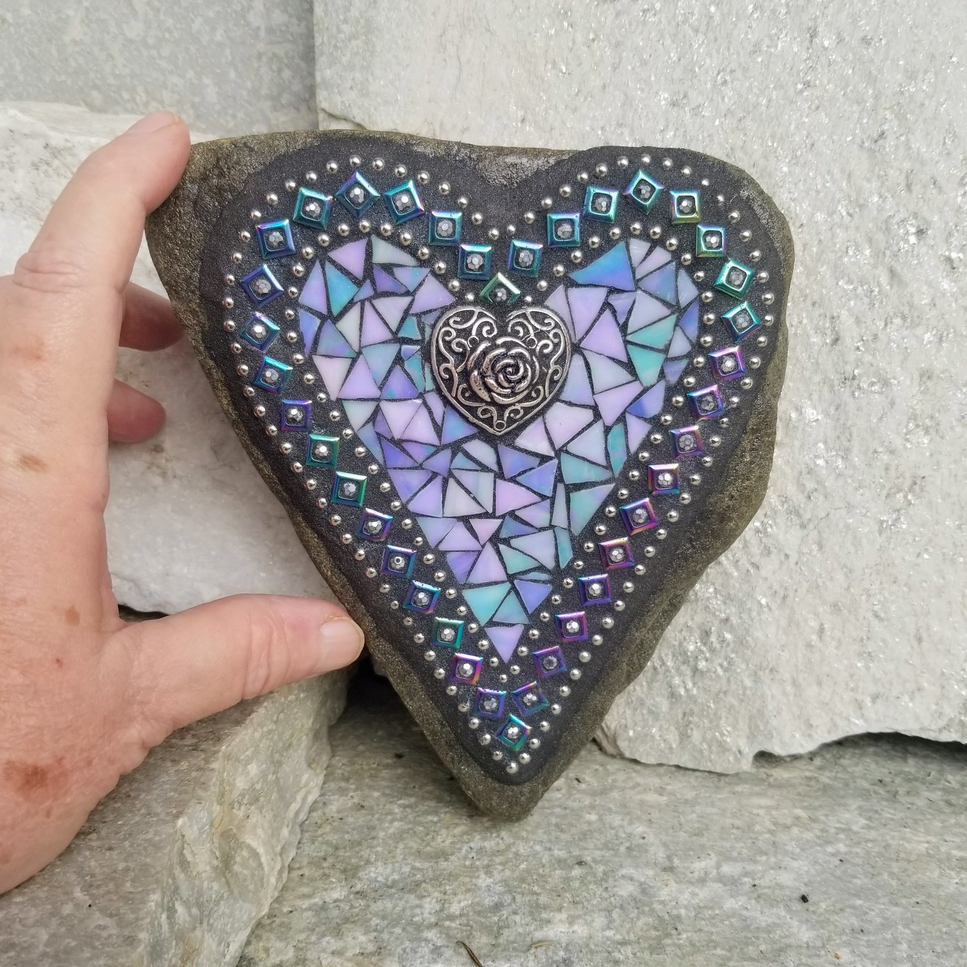 Iridescent Blues Mosaic Heart Garden Stone 