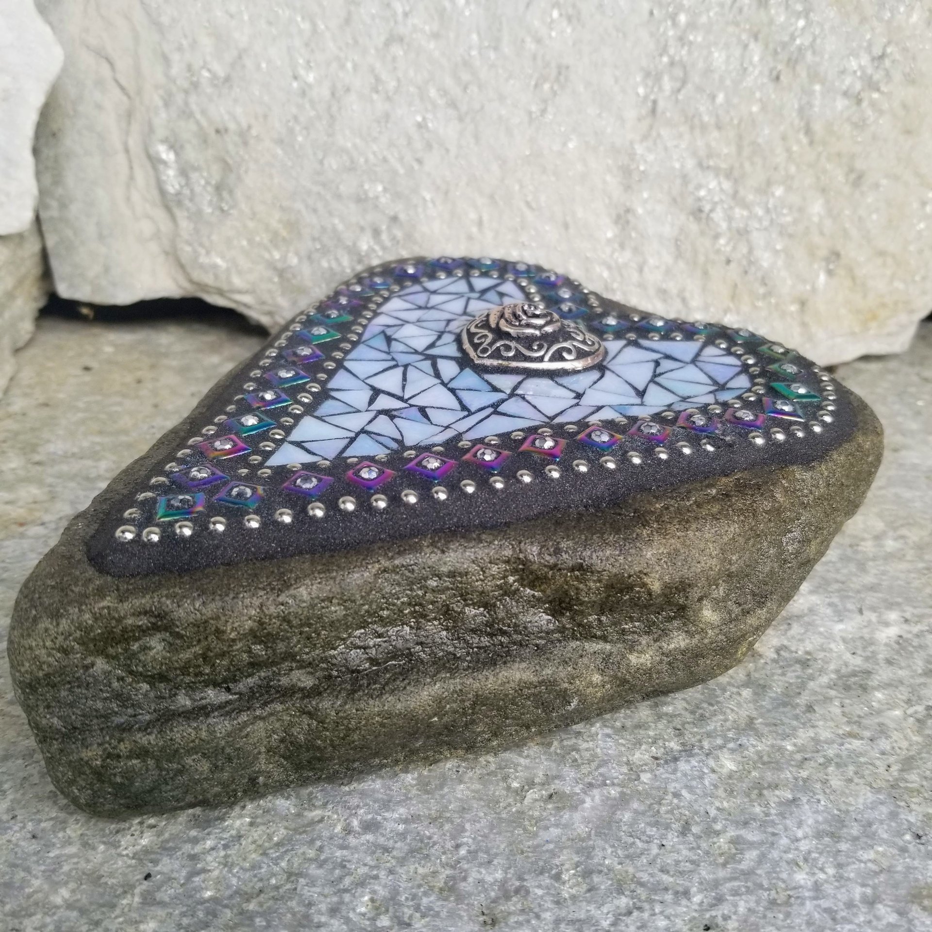 Iridescent Blues Mosaic Heart Garden Stone 