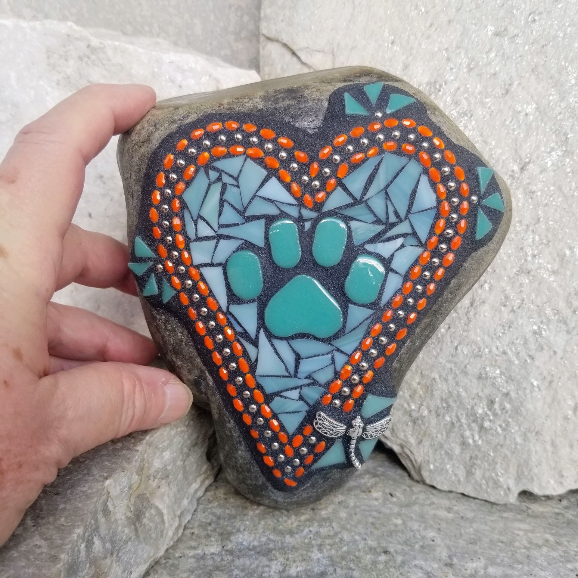 Teal Heart w Teal Paw Print - Garden Stone