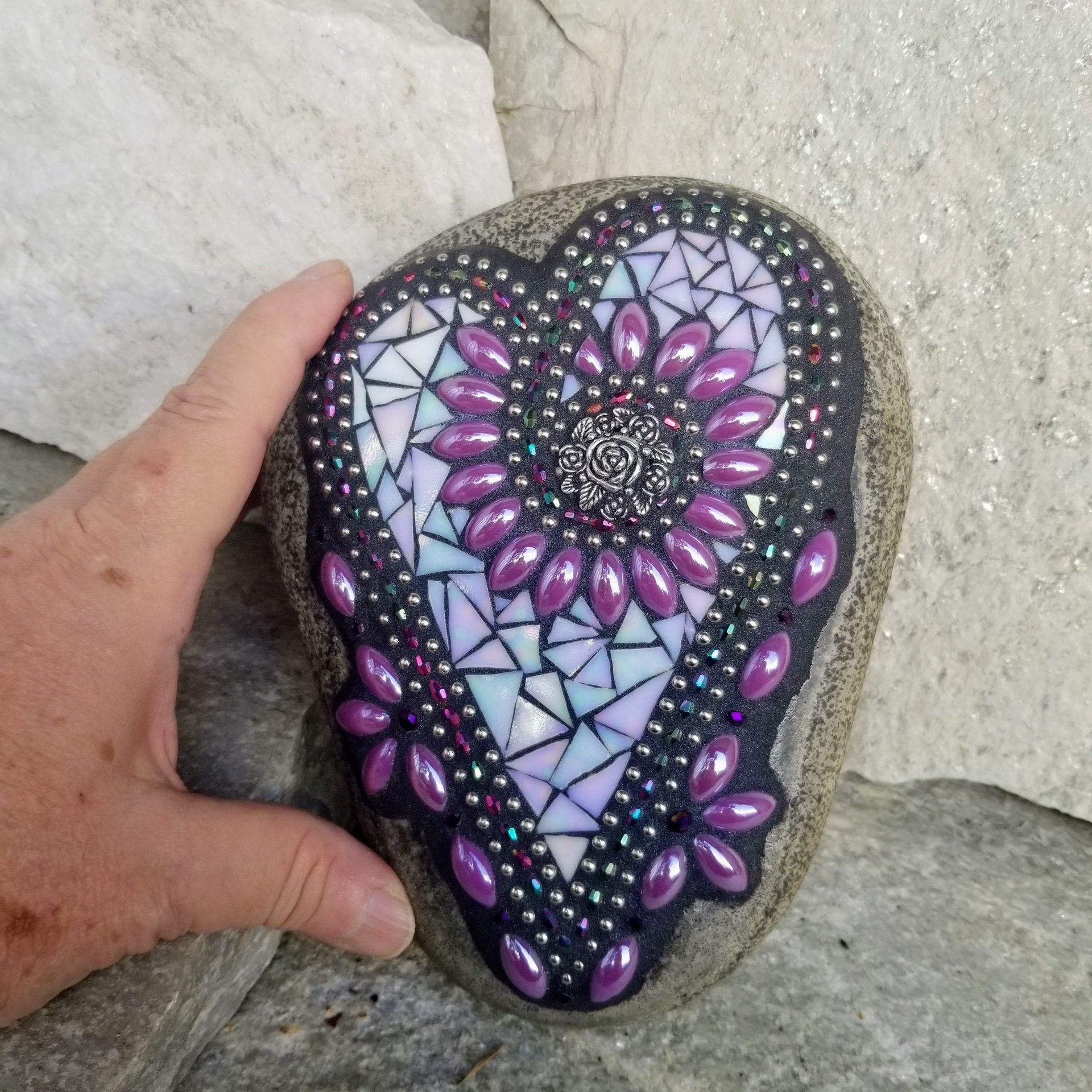 Iridescent Lavender Mosaic Heart, Purple Flowers, Garden Stone