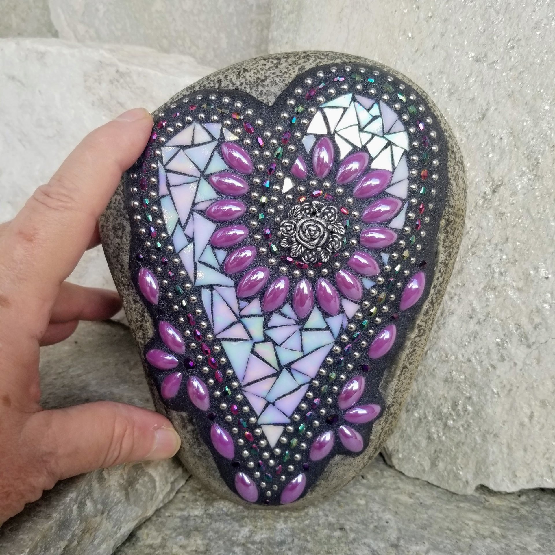 Iridescent Lavender Mosaic Heart, Purple Flowers, Garden Stone