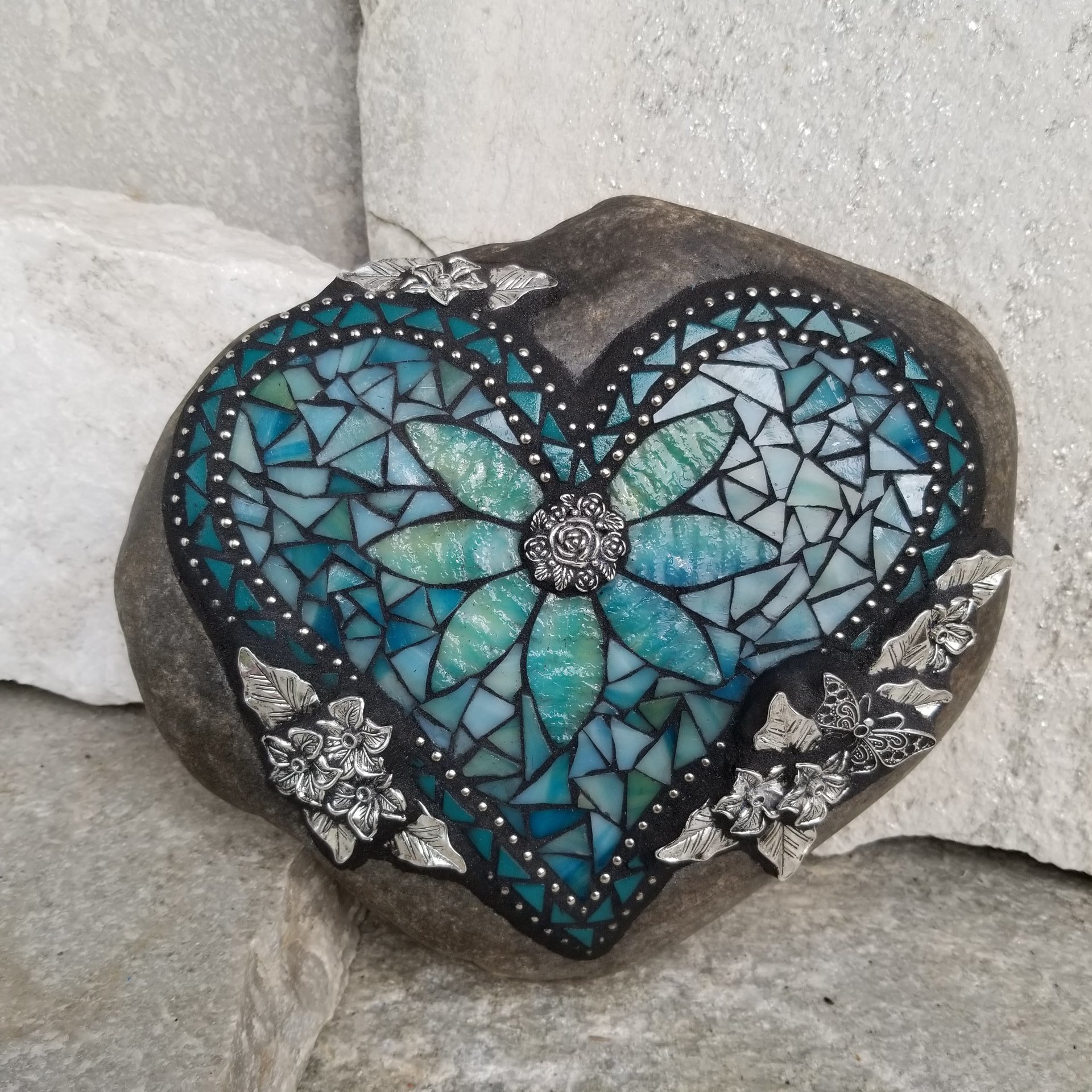 Teal on Teal Heart Mosaic Garden Stone with Butterfly