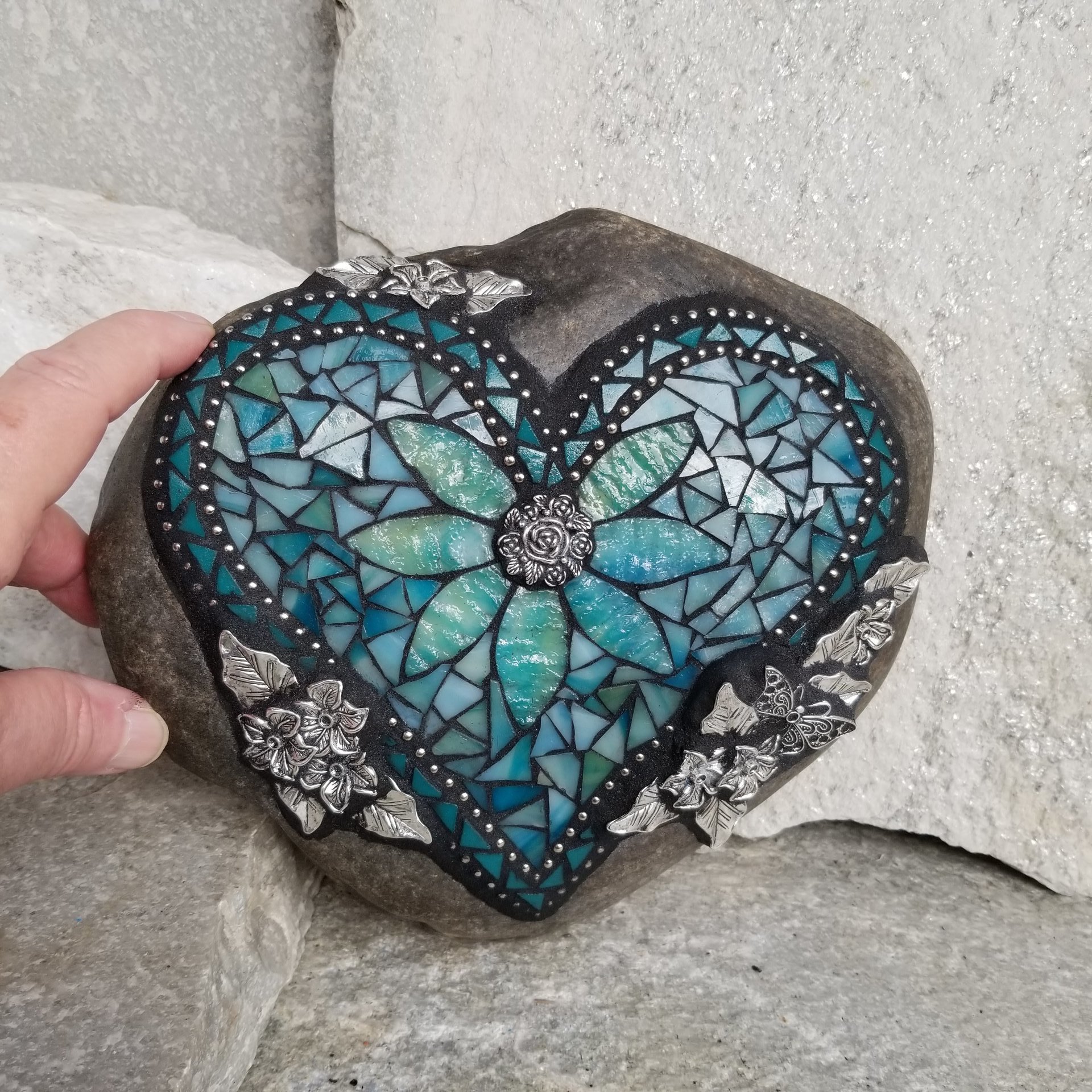 Teal on Teal Heart Mosaic Garden Stone with Butterfly