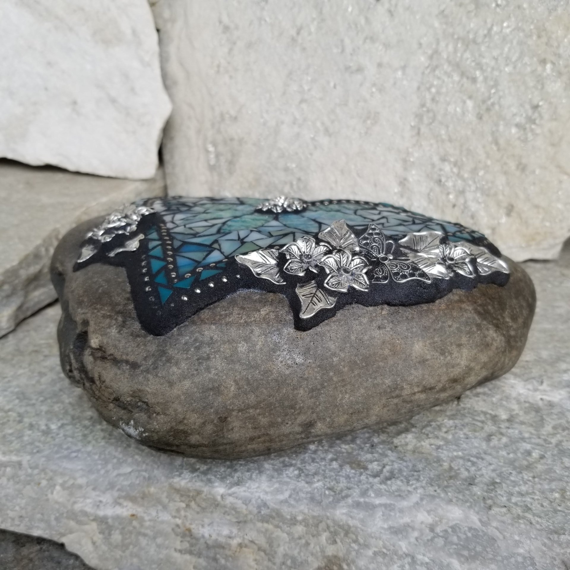 Teal on Teal Heart Mosaic Garden Stone with Butterfly