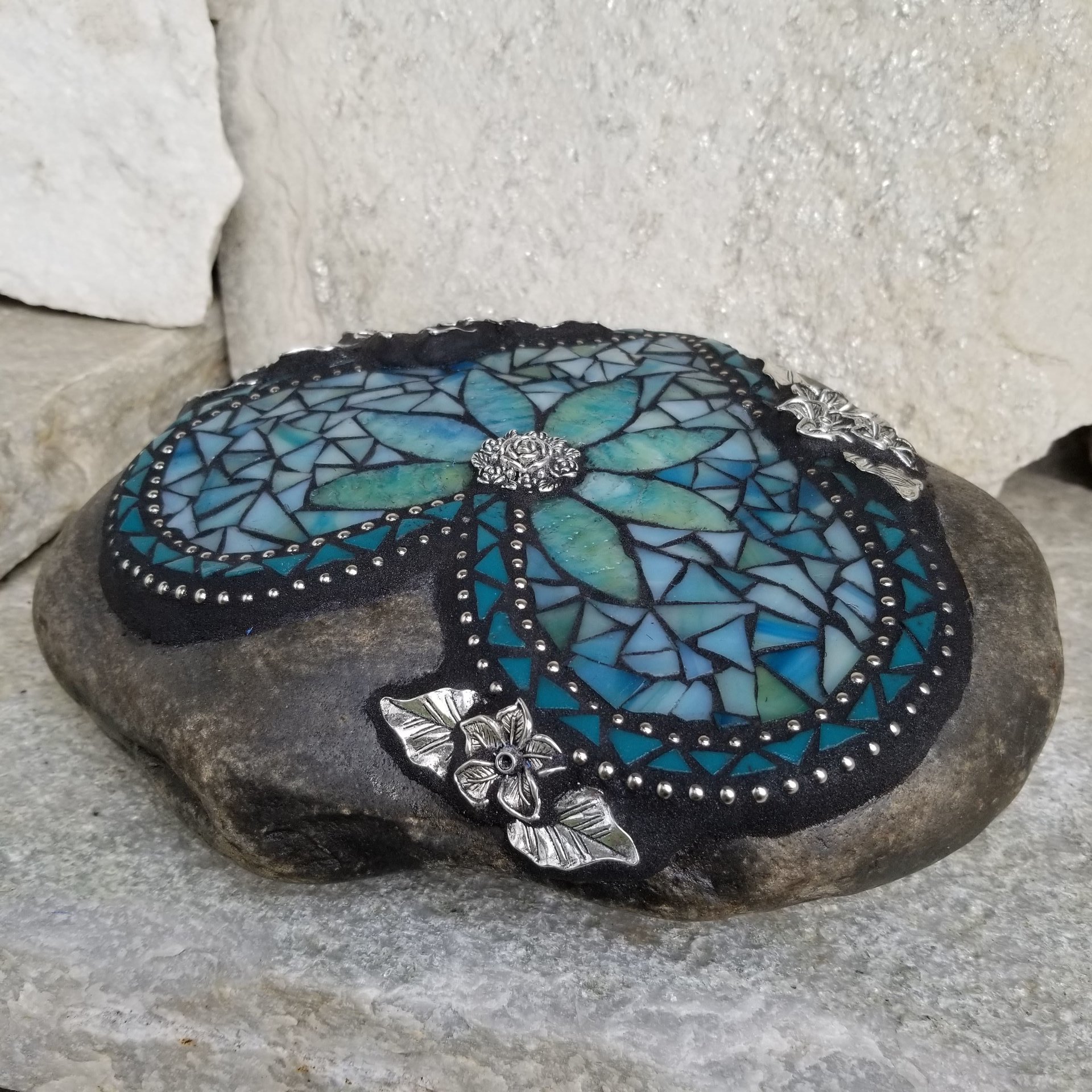 Teal on Teal Heart Mosaic Garden Stone with Butterfly