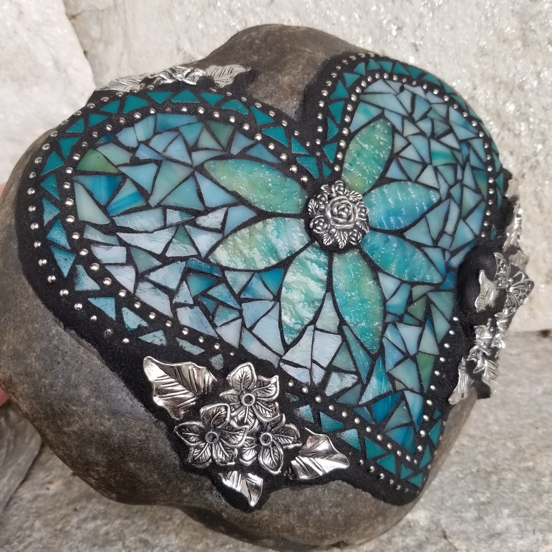 Teal on Teal Heart Mosaic Garden Stone with Butterfly