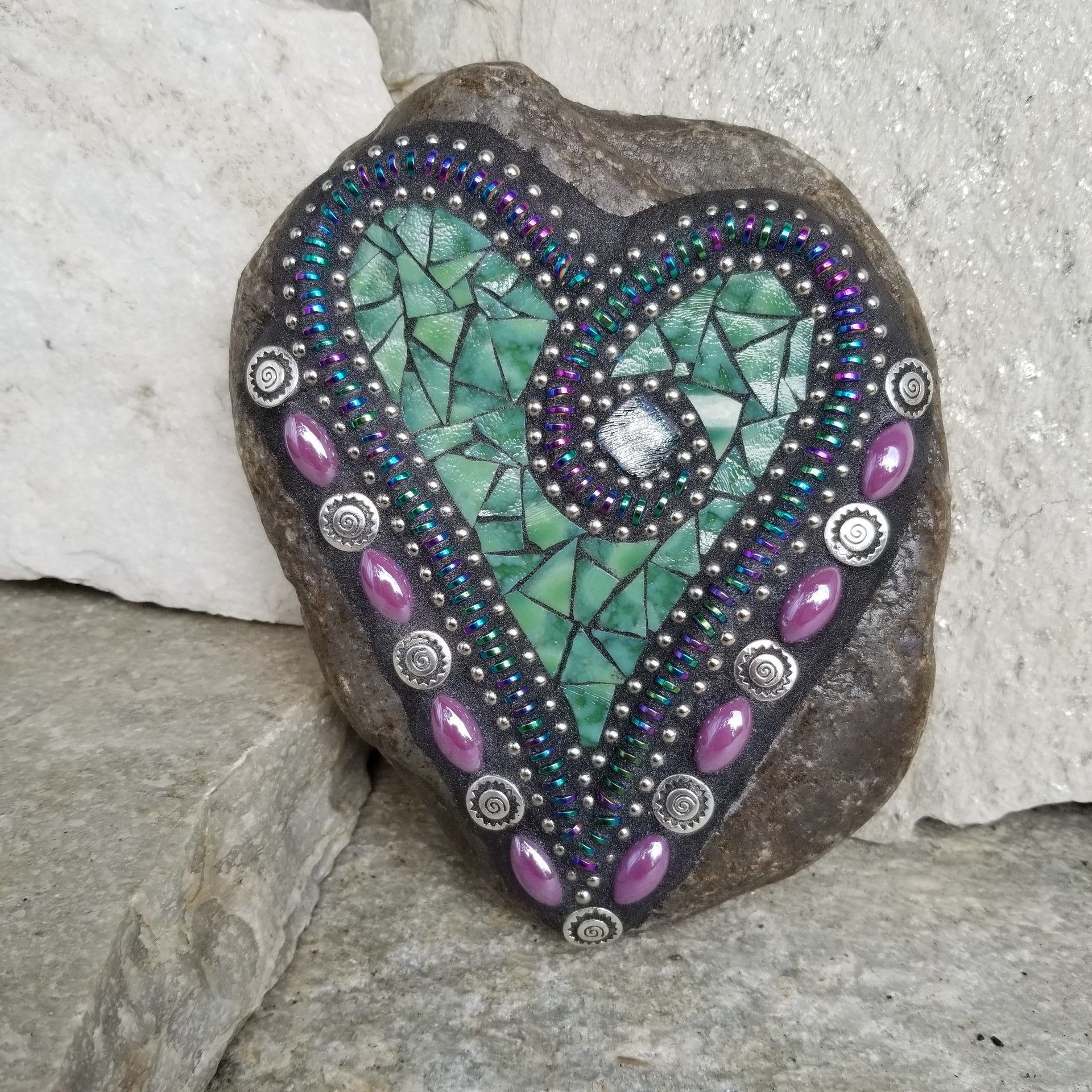 Green Mosaic Heart Garden Stone with Purple Flower Petals