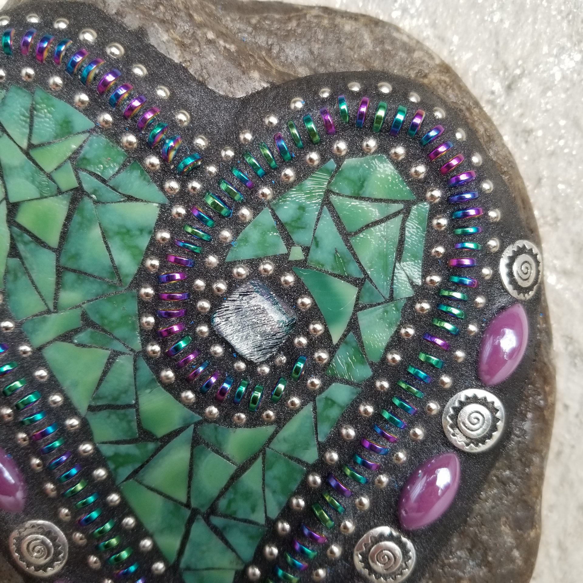 Green Mosaic Heart Garden Stone with Purple Flower Petals