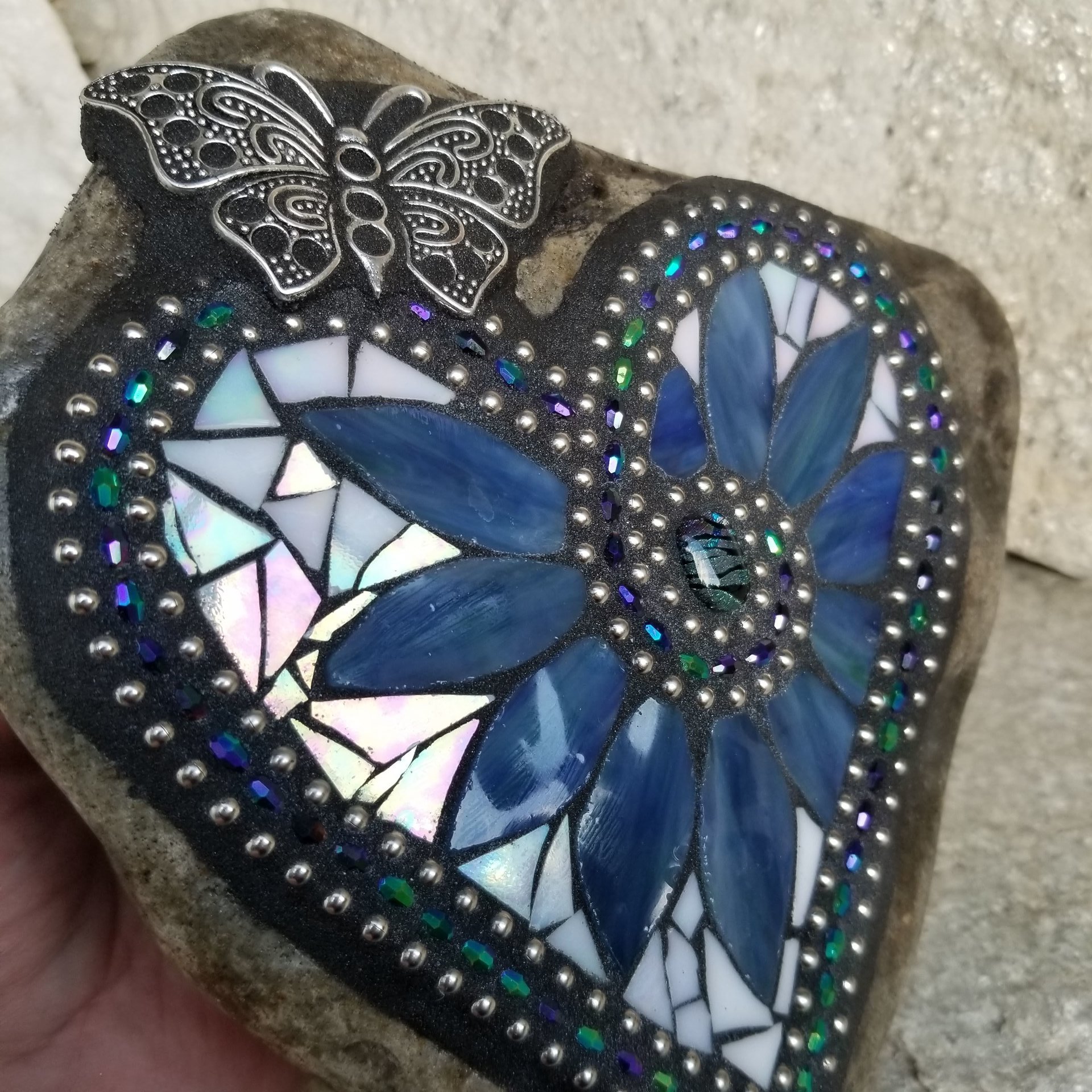 Iridescent White Mosaic Heart Garden Stone with Butterfly