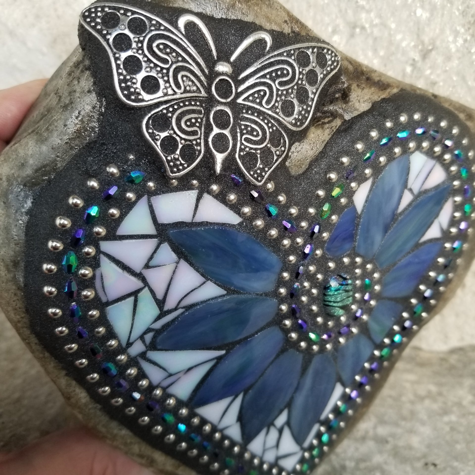 Iridescent White Mosaic Heart Garden Stone with Butterfly