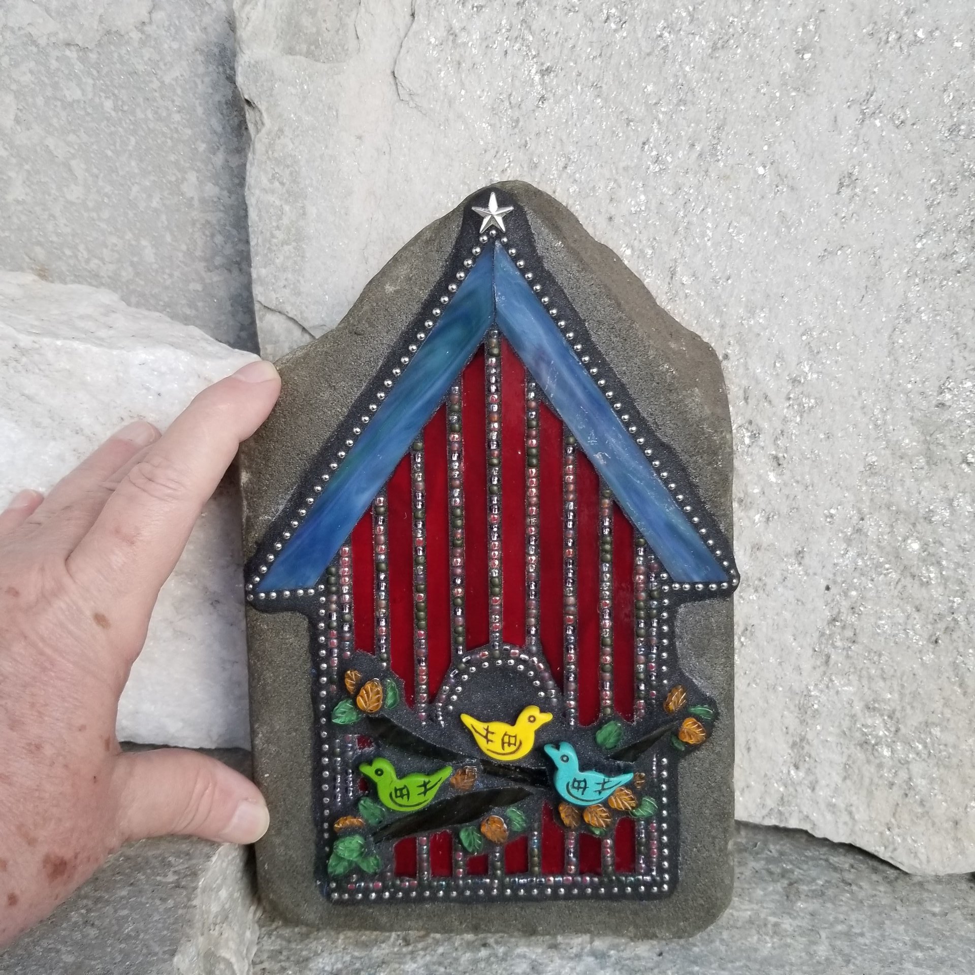 Red Birdhouse Mosaic Garden Stone