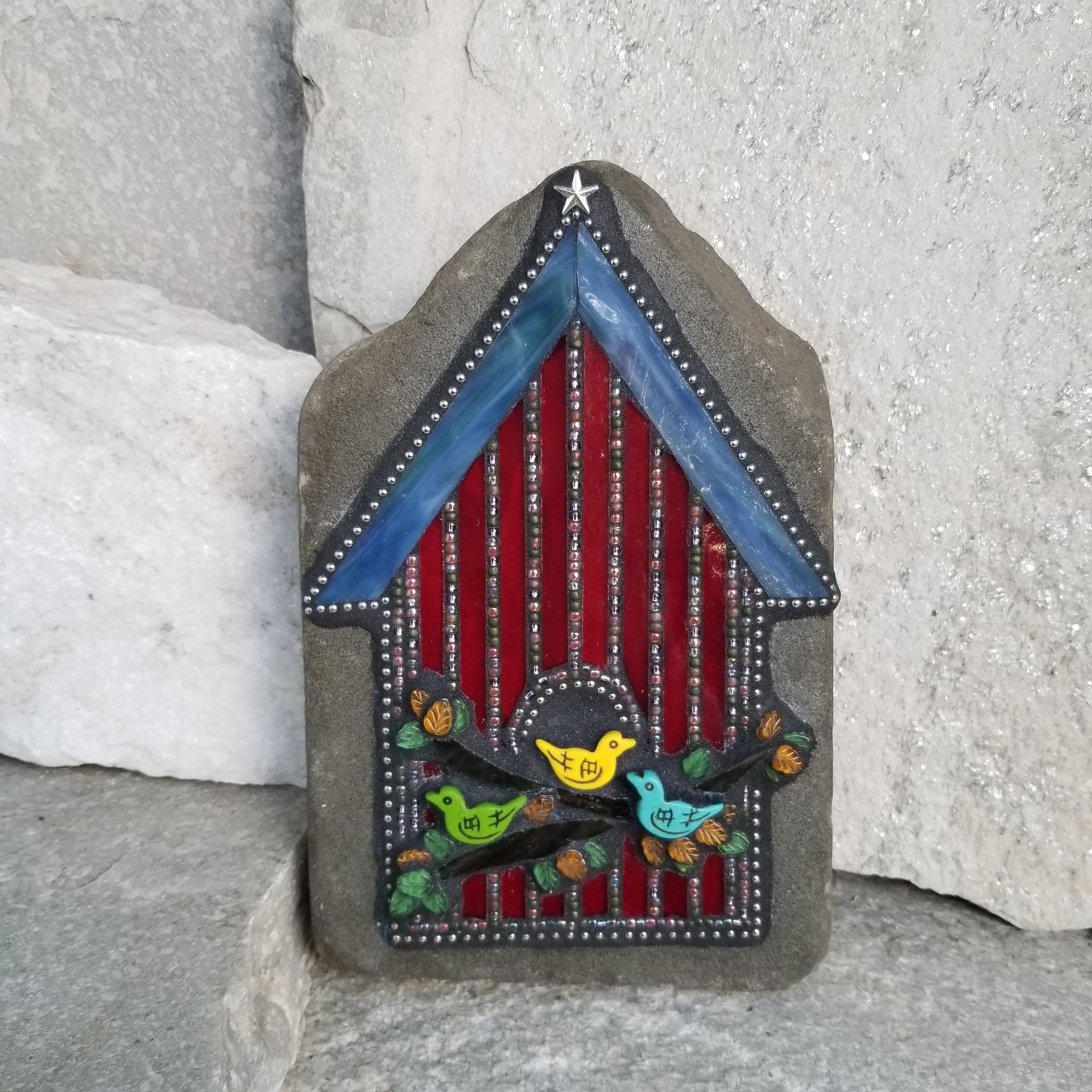 Red Birdhouse Mosaic Garden Stone