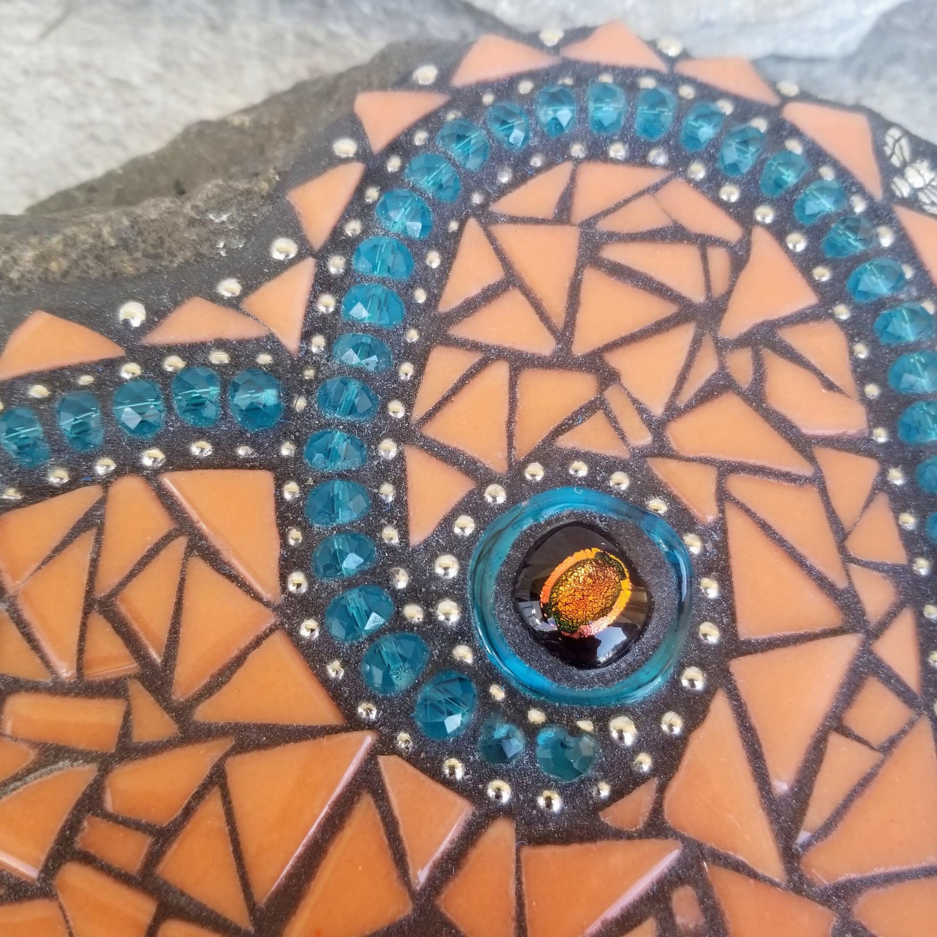 Orange and Teal Mosaic Heart Garden Stone 