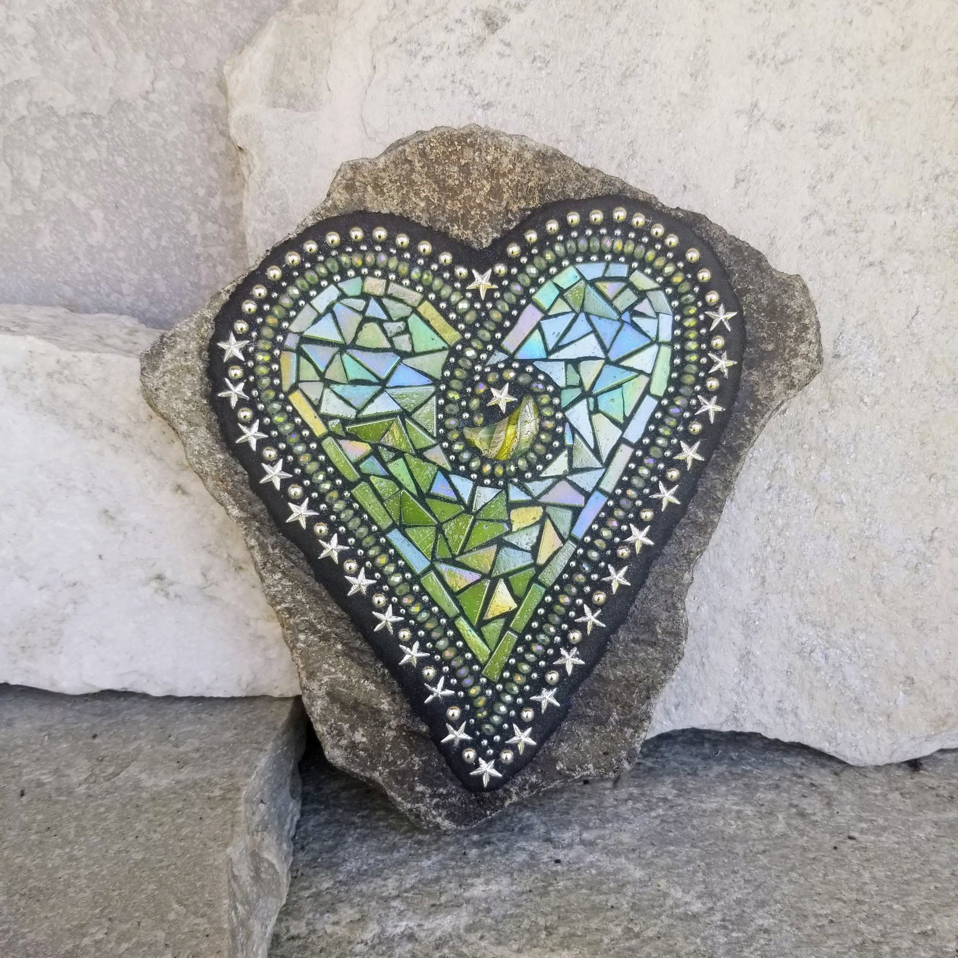 Iridescent Green Mosaic Heart Garden Stone with Silver Stars