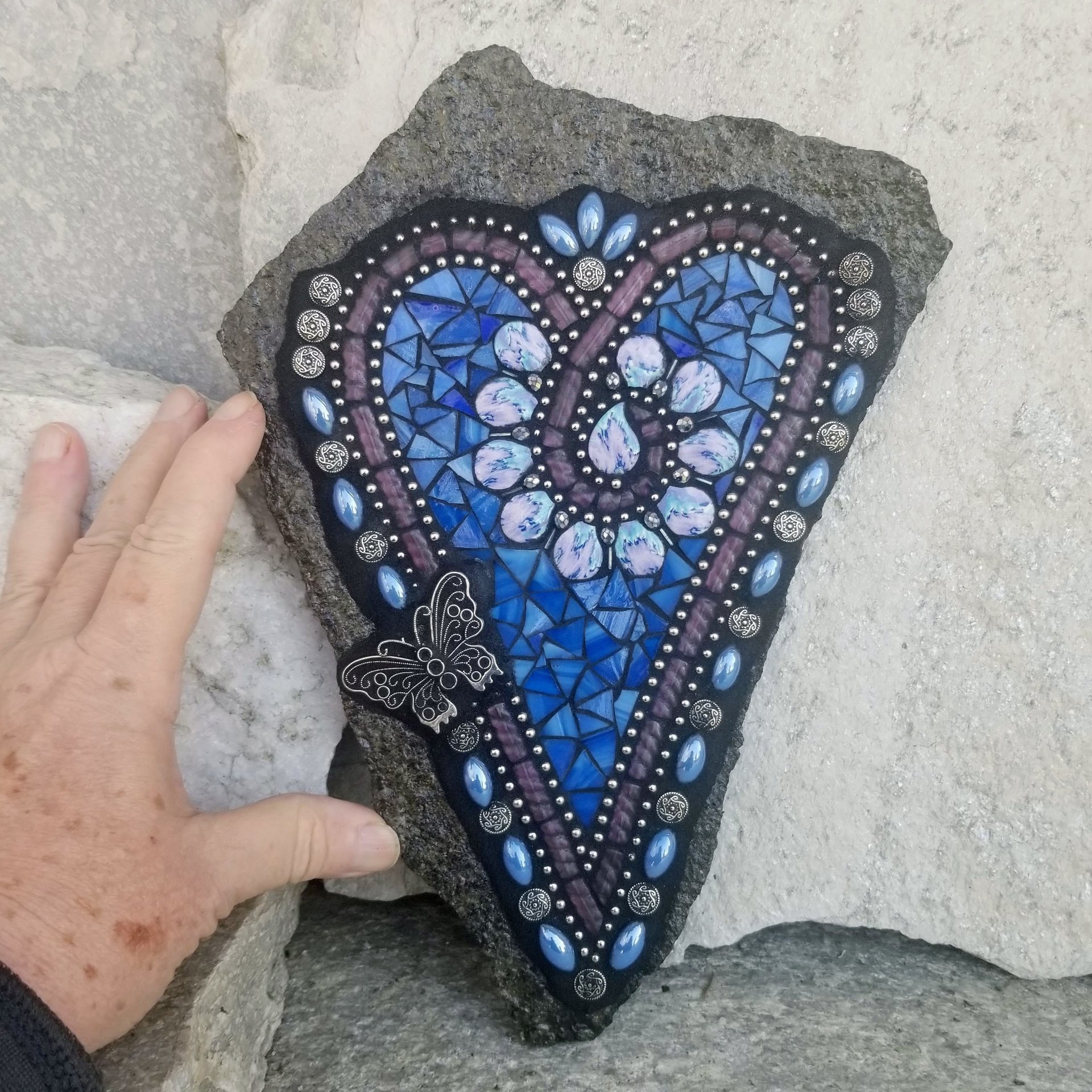  Medium Blue Mosaic Heart Garden Stone w/Flowers and a Butterfly